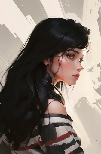 there is a woman with long hair and a striped shirt, painted character portrait, 2d portrait, epic portrait illustration, digital matt painting, portrait study, digital portrait, painterly illustration, digital illustration portrait, character art portrait, low detailed. digital painting, girl with black hair, portrait dnd, detailed illustration portrait, portrait of blade runner rachael, closeup character portrait