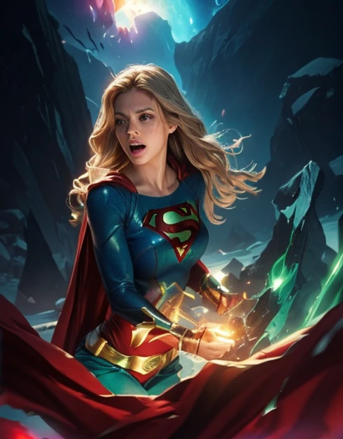 Supergirl in action pose, perfect costume, smooth curves, beautiful face, space and planets in background... green kryptonita in background, emerald lighting