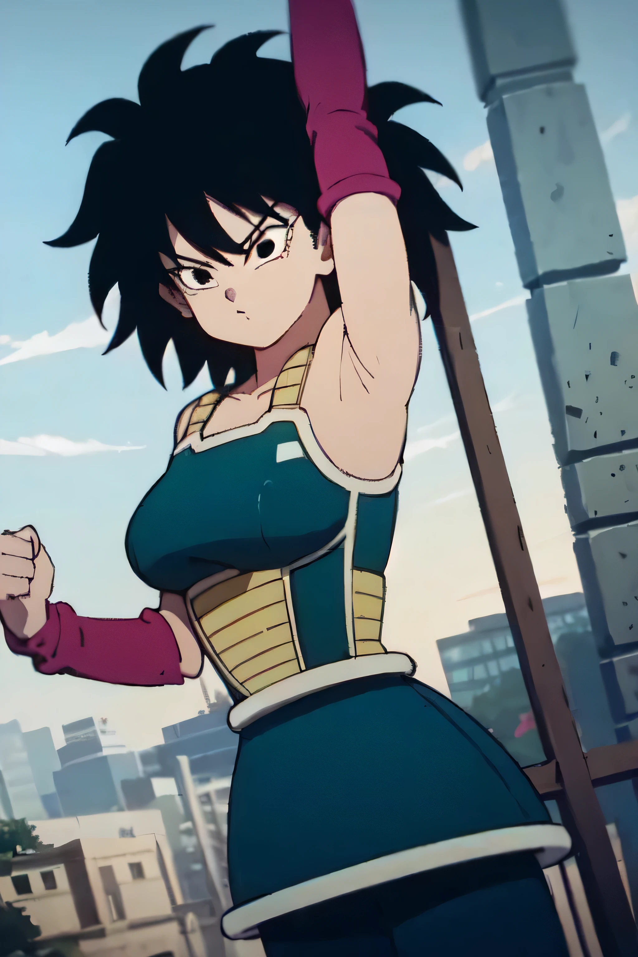 gine,short black hair, black eyes, bare shoulders,pink wristbands,breastplate, green saiyan armor,green skirt,pantyhose, looking serious, angry, fighting pose, village, blue sky, high quality, masterpiece mature appearance,armpits,sweat,sweaty,sweaty armpits,arms up,showing armpits,awesome armpits,outfit,blackish red arm warmers,maroon arm bands, maroon arm warmers,both arms raised