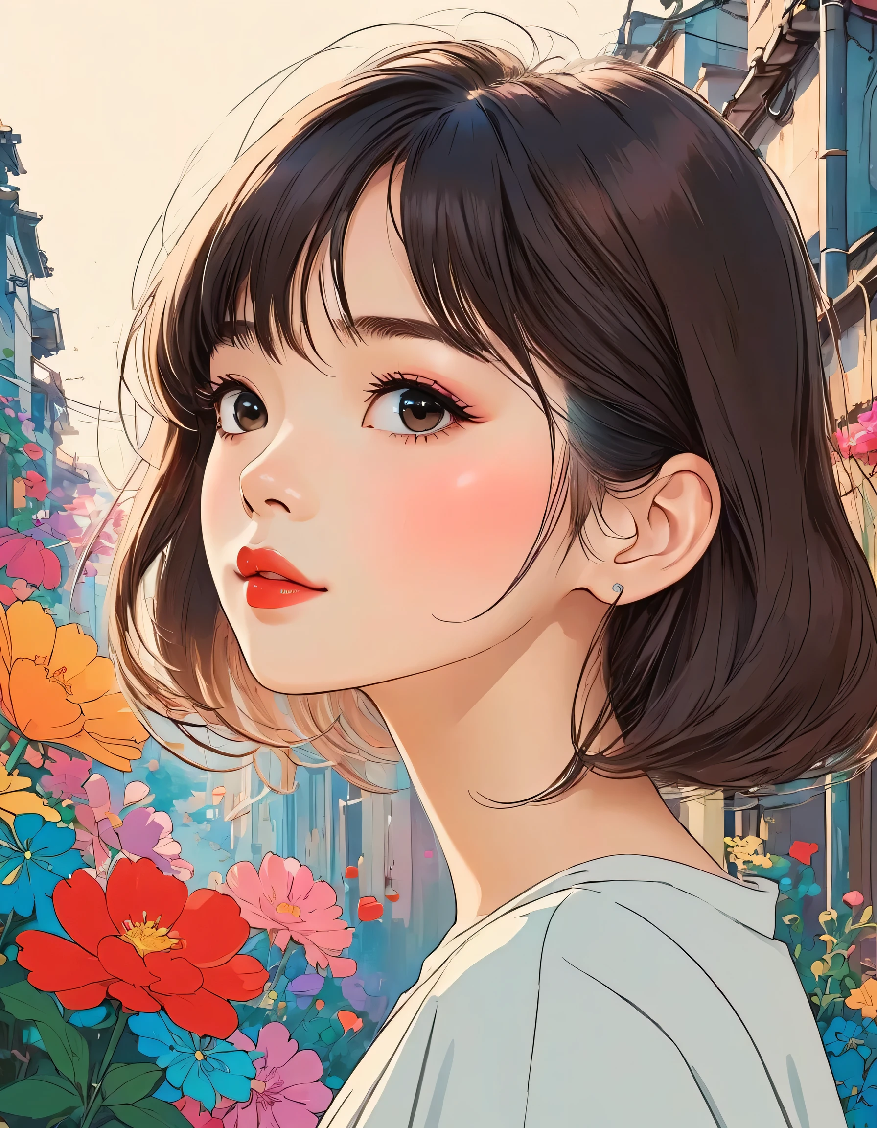 Hayao Miyazaki Style、The most beautiful girl of all time、Lips in Love、Colorful flowers、Simple line initials、Abstract art、Urban Background