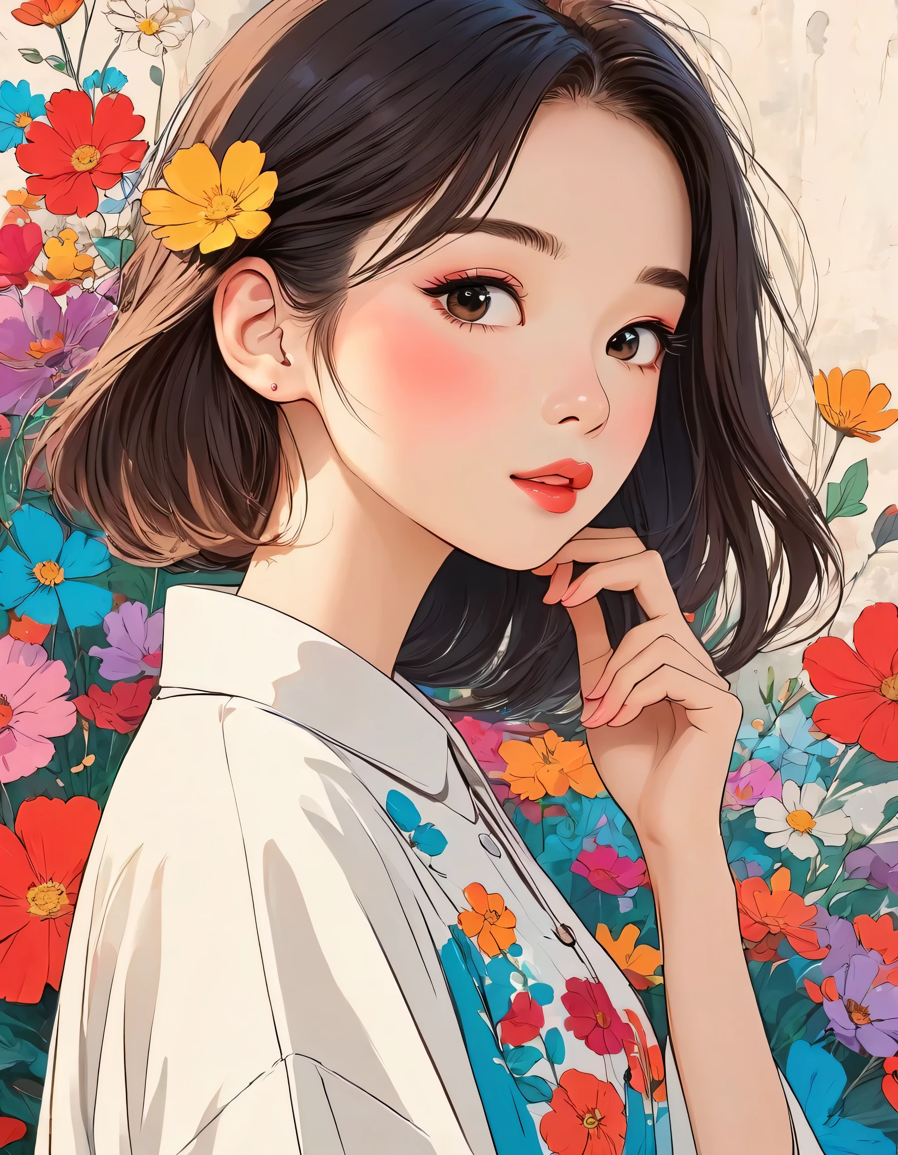 Hayao Miyazaki Style、The most beautiful girl of all time、Lips in Love、Colorful flowers、Simple line initials、Abstract art、Urban Background