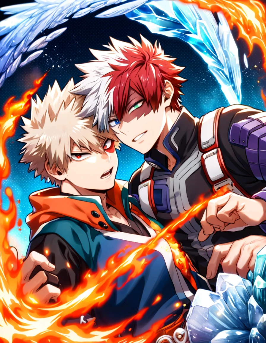 absurdres, highres, ultra detailed, HDR, master piece, best quality, Todoroki Shoto, bicolored hair, white hair right side, red hair left side, heterochromia, right eye gray, left eye blue, Boku no hero academia, Bakugo Katsuki, ash-blonde hair, expressive red eyes, two sexy men together, yaoi, gay couple, handsome, black hero clothes, magical, fantasy, fire, ice