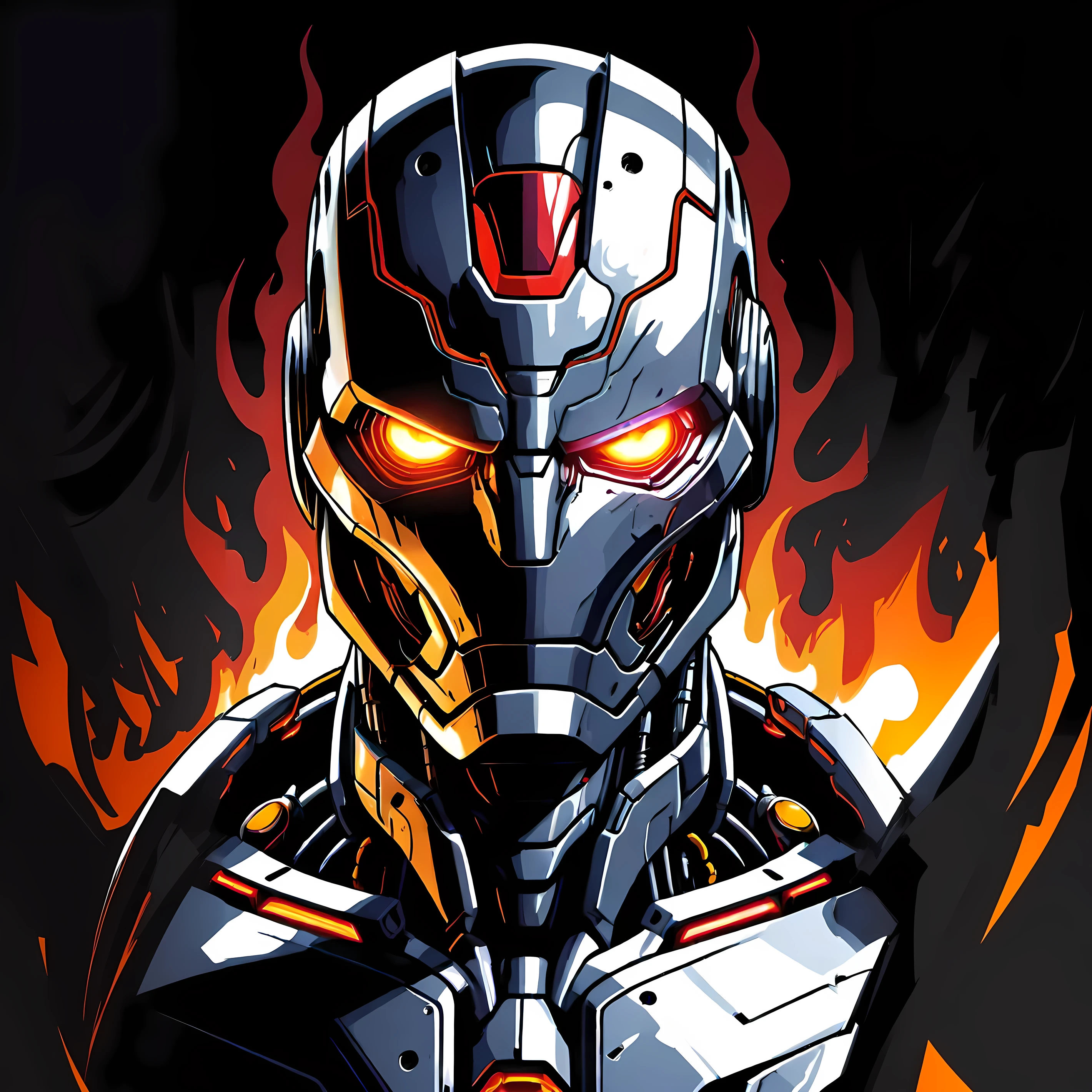 a closeup of a robot with glowing eyes and a fire behind, ultron, Calavera de metal con ojos rojos, cybernetic fire armor, hombre de hierro ciberpunk, cybernetic flame armor, Crimson Firehead, Epic full color illustration, ojos rojos ardientes y ardientes, arte terminador, comic book style battlemech, intrincada armadura mecha brillante, tremendo robot mecha