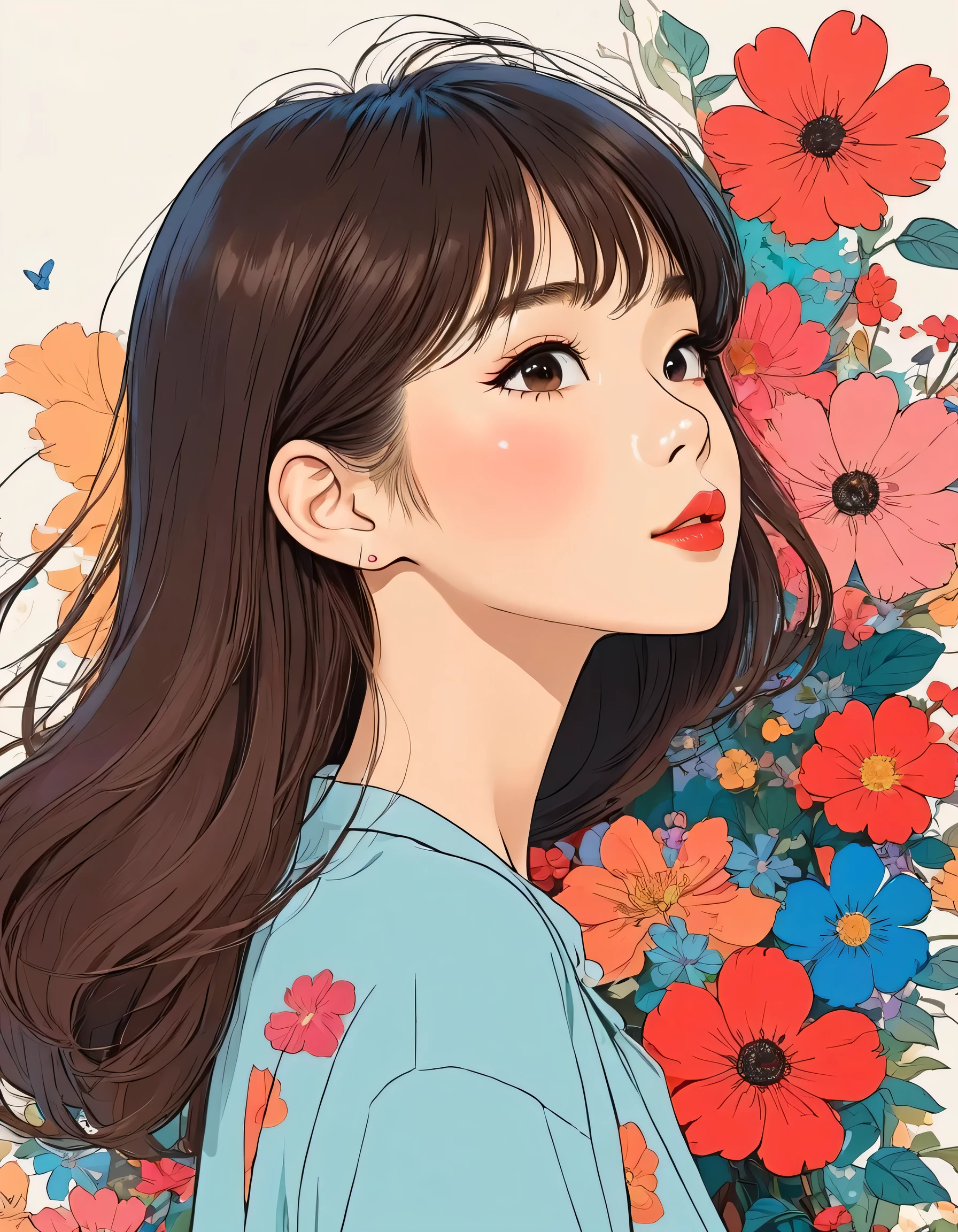 Hayao Miyazaki Style、The most beautiful girl of all time、Lips in Love、Colorful flowers、Simple line initials、Abstract art、Urban Background
