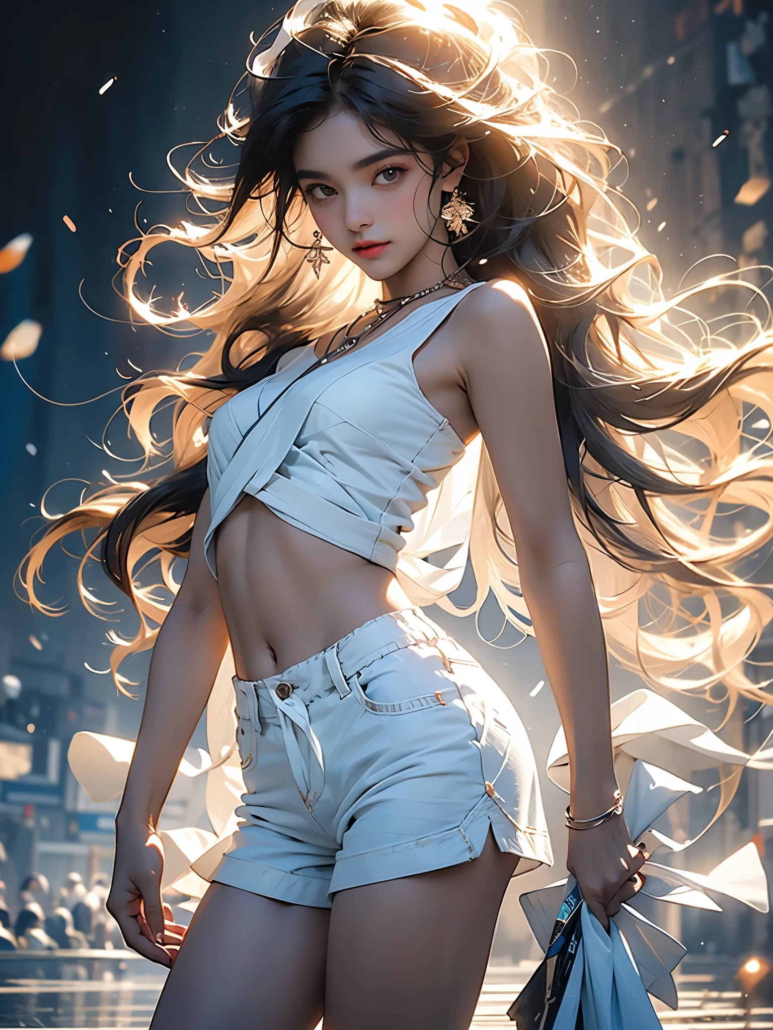 ((meio do peito, moleca, Small head)), Luz do dia, luz solar, (well defined abdomen: 1.1), (Corpo perfeito: 1.1), (cabelo curto e ondulado: 1.2), cabelo ruivo, fotos de corpo inteiro, ruas lotadas, vestindo coletes brancos abertos, leg pants, tenis adidas branco, passos leves com alegria, ((shorts)), (papel de parede CG 8k extremamente detalhado), (extremamente delicado e lindo), (Obra de arte), (melhor qualidade: 1.0), (ultra-high resolution: 1.0), beautiful lighting, Perfect Lightning, sombras realistas, [high resolution], pele delicada, ultra-detalhado, sorriso charmoso