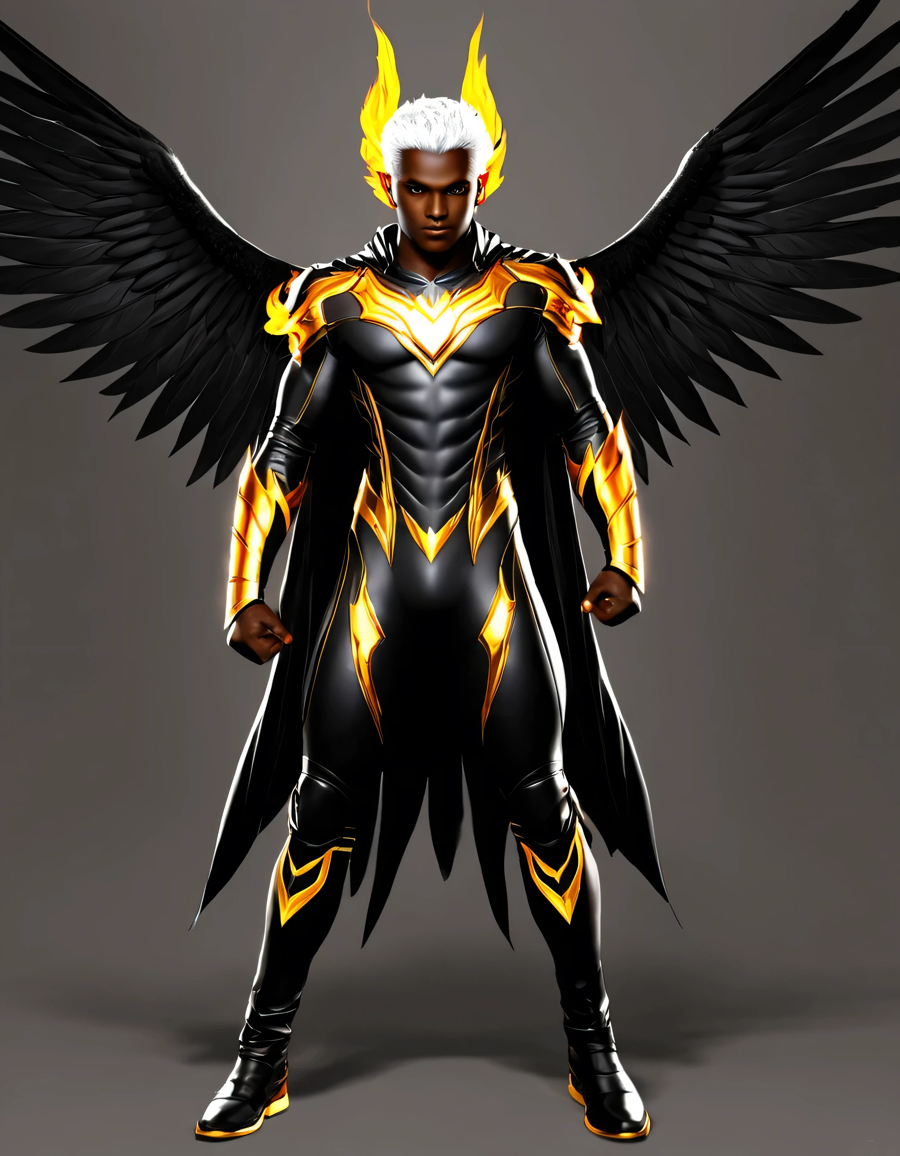 chat, make a super hero with black wings, com poderes de chamas flamejantes alaranjadas, This hero has dark skin and white hair, his eyes are yellowish amber and in addition to his flaming powers he can also manipulate things with his mind