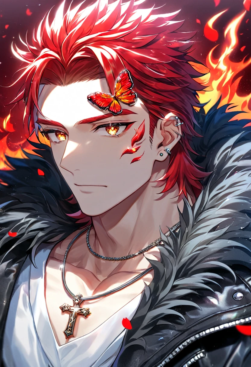 Ultra detailed, Highres, absurdres, HDR, Suoh Mikoto, red hair is kept short ruffled and spiked with two strands of hair near the opposite sides of his head falling on his face as well as distinct sideburns, K, expressive golden eyes, black leather jacket with a fur collar and a white V-neck underneath, silver ring, a star-shaped necklace, a piercing in his left ear, red flowers, petals, handsome, man, solo, very detailed eyes and face, glittering small red butterflies, master piece, glittering, fantasy, cross, red background, fire Elementalization, blue pants, brown belt