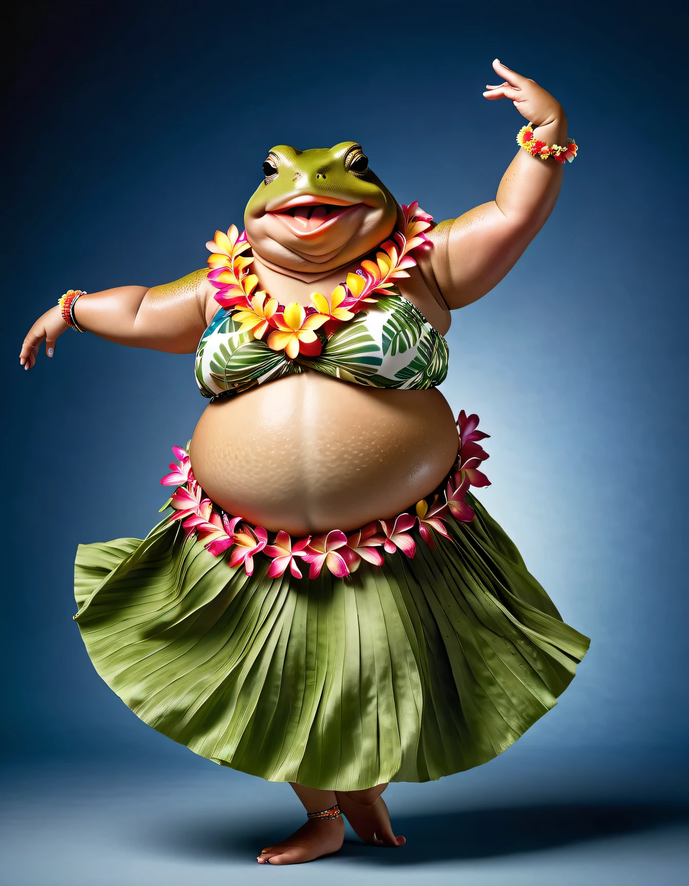 photorealistic portrait of Dressed animals - a ((fat)) toad hula dancer,(hula dancing:2.0), (swinging arms to the side :2.0),(happy smile:1.2),high quality,(happy),(lovely) ,intricate details, [natural toad skin texture], highly detailed ((female hula dance costume)) ,highly detailed decorations, wearing (bikini) aloha shirts and flower lei , (happy), studio lighting,(full body image:1.5),simple background,(viewed from side:1.5),(looking at viewer:1.5)