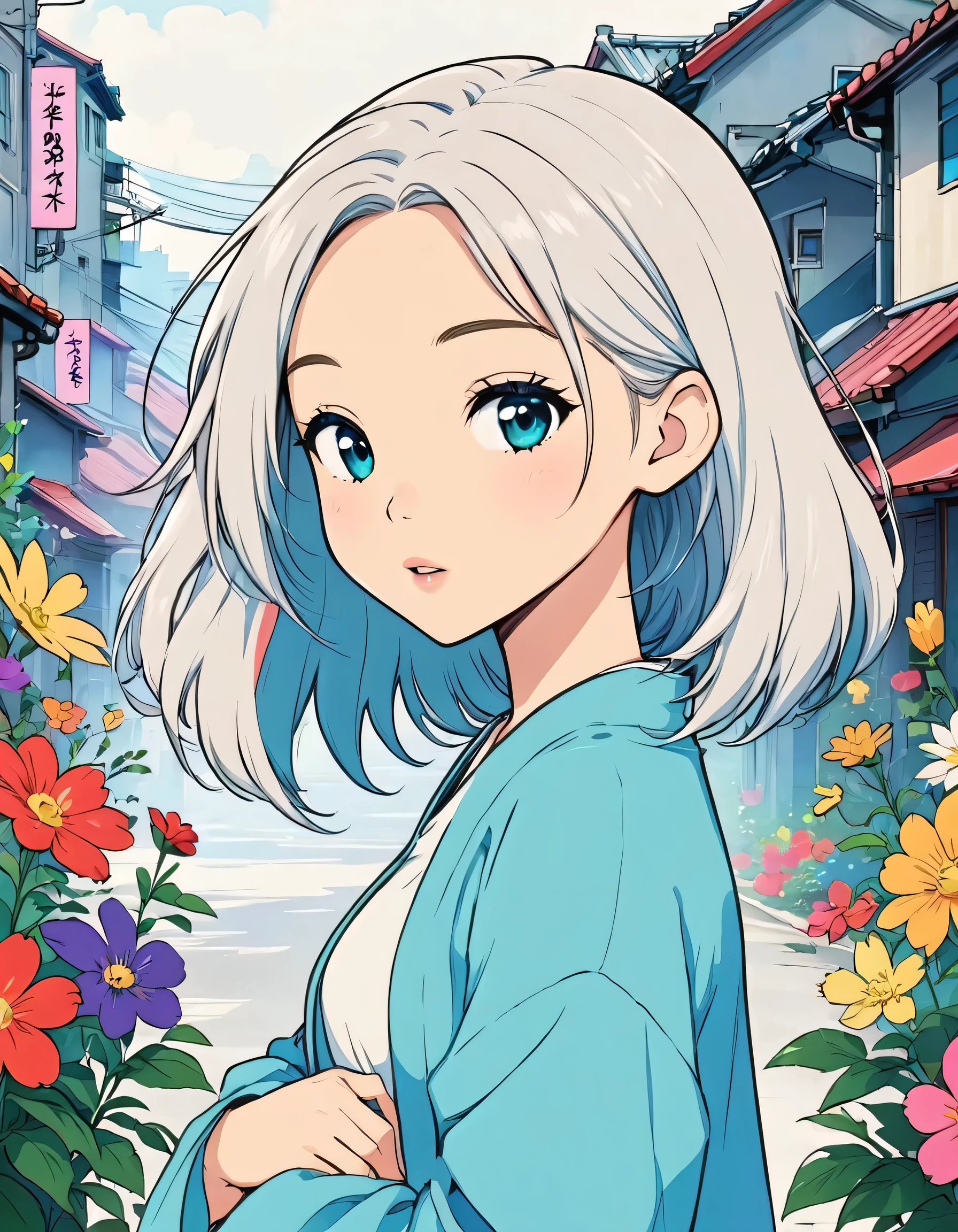 Hayao Miyazaki Style、The most beautiful girl of all time、Lips in Love、Colorful flowers、Simple line initials、Abstract art、Urban Background