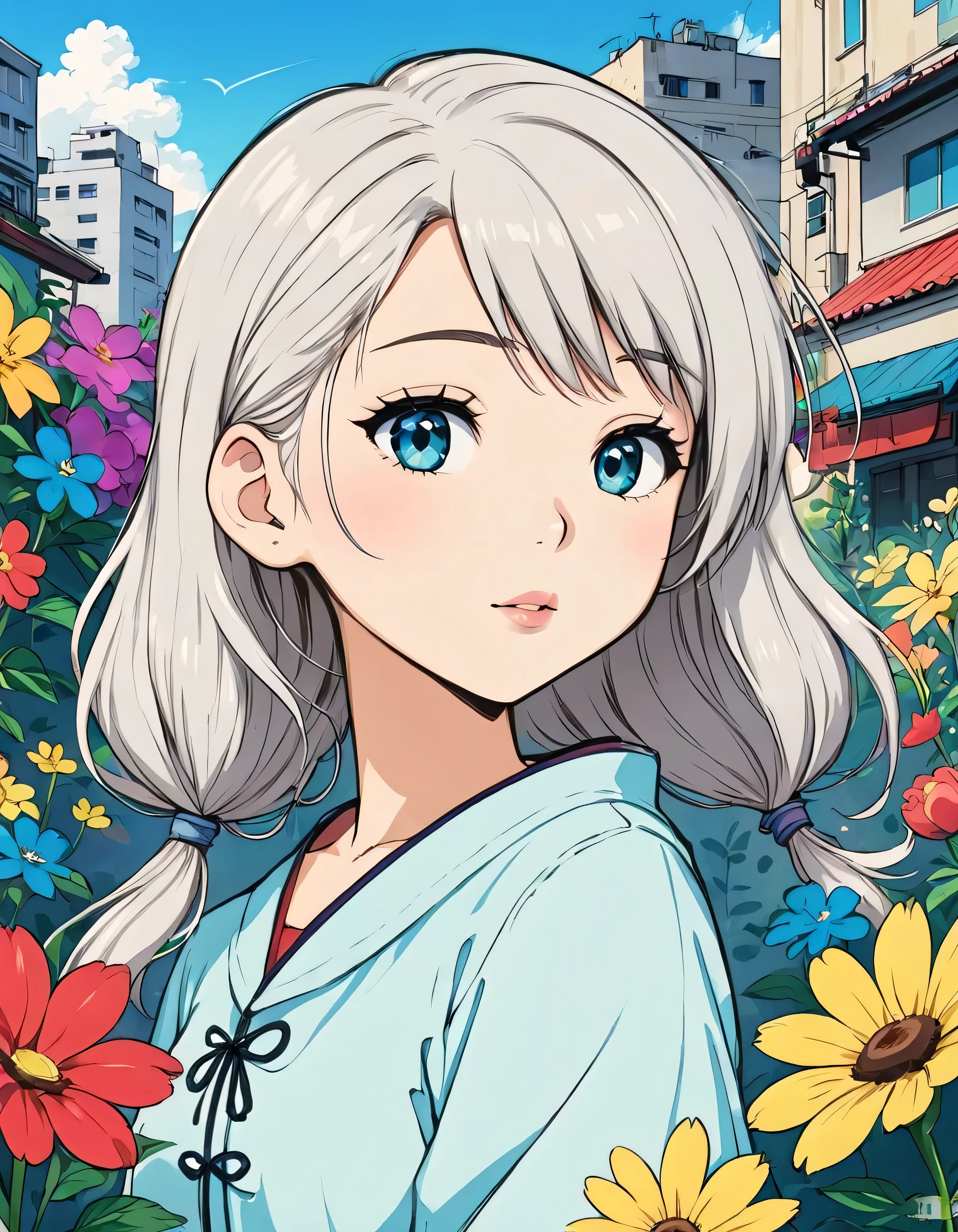 Hayao Miyazaki Style、The most beautiful girl of all time、Lips in Love、Colorful flowers、Simple line initials、Abstract art、Urban Background