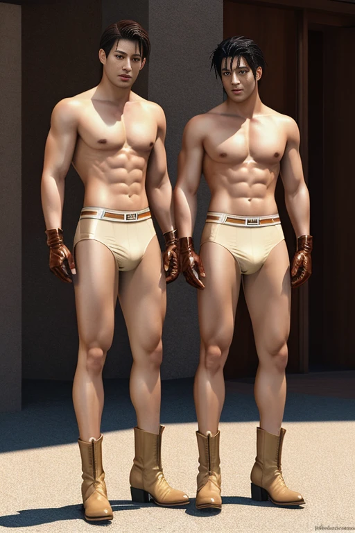 Full body photorealistic handsome Hunky masculine Hyper-realistic shirtless waifu man in authentic anime style, with expressive eyes, realistic skin, fine clothing details, seamless 2D/3D integration, and a lifelike portrayal.wearing a beige underwear brief latex spandex and gloves and boots .