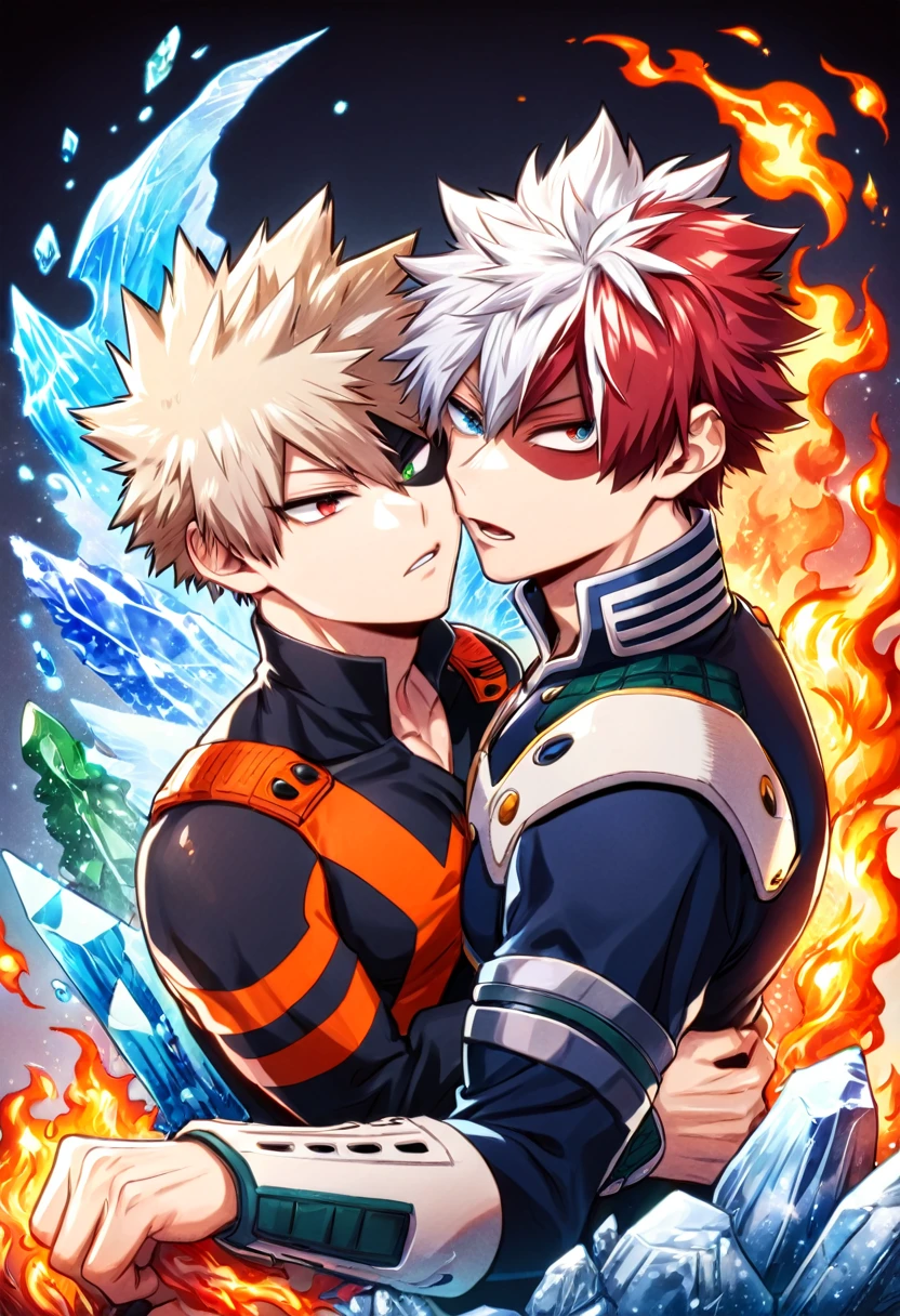 absurdres, highres, ultra detailed, HDR, master piece, best quality, Todoroki Shoto, bicolored hair, white hair right side, red hair left side, heterochromia, right eye gray, left eye blue, Boku no hero academia, Bakugo Katsuki, ash-blonde hair, expressive red eyes, two sexy men together, yaoi, gay couple, handsome, toned chest, black hero clothes, magical, fantasy, fire, ice