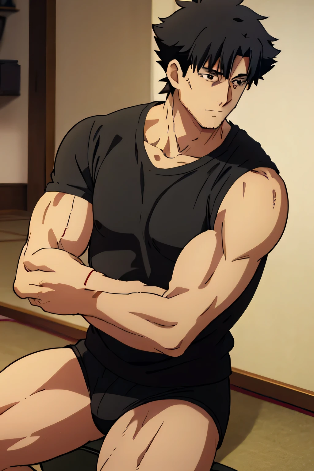 Kiritsugu is sitting and flexing his biceps and abs. He wears black short boxershorts. You can see his thighs. He is admiring his muscles. He has bulging veins on his arms. He wears a black tshirt with short sleeves. His right sleeve is completely rolled up so you can see his entire arm and shoulder. He is showing his abs too.