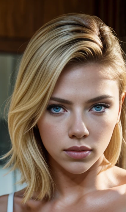front view muscle girl scarlett johansson face, blonde, blue eyes,
