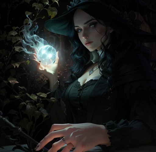 witch holding a glowing ball in her hand, witchy, witch, dark witch character, a witch, yennefer of vengerberg, dark fantasy female magician, yennefer, classical witch, side portrait dark witch, witch woman, female mage conjuring a spell, wicked witch of the west, casting a spell on a potion, castlevania witch