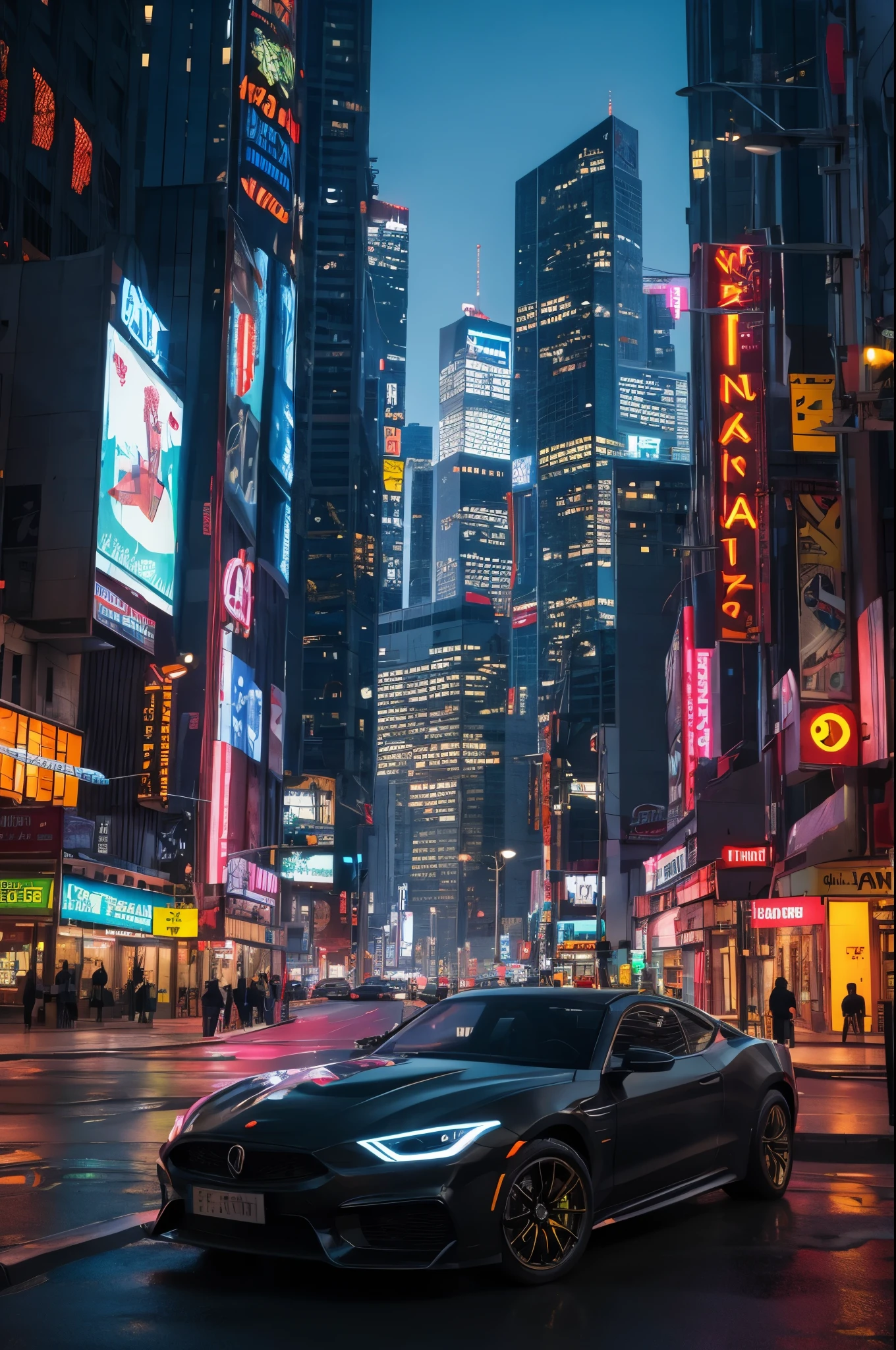 A stunning, high-poly 3D render featuring a futuristic cityscape. The skyline is filled with towering skyscrapers, each with unique, intricate designs and glowing neon lights. In the foreground, there's a glossy, sleek sports car with a futuristic design, giving off a vibrant orange glow. The overall atmosphere of the image is sleek, futuristic, and vibrant, with a touch of cyberpunk influence., 3d render
