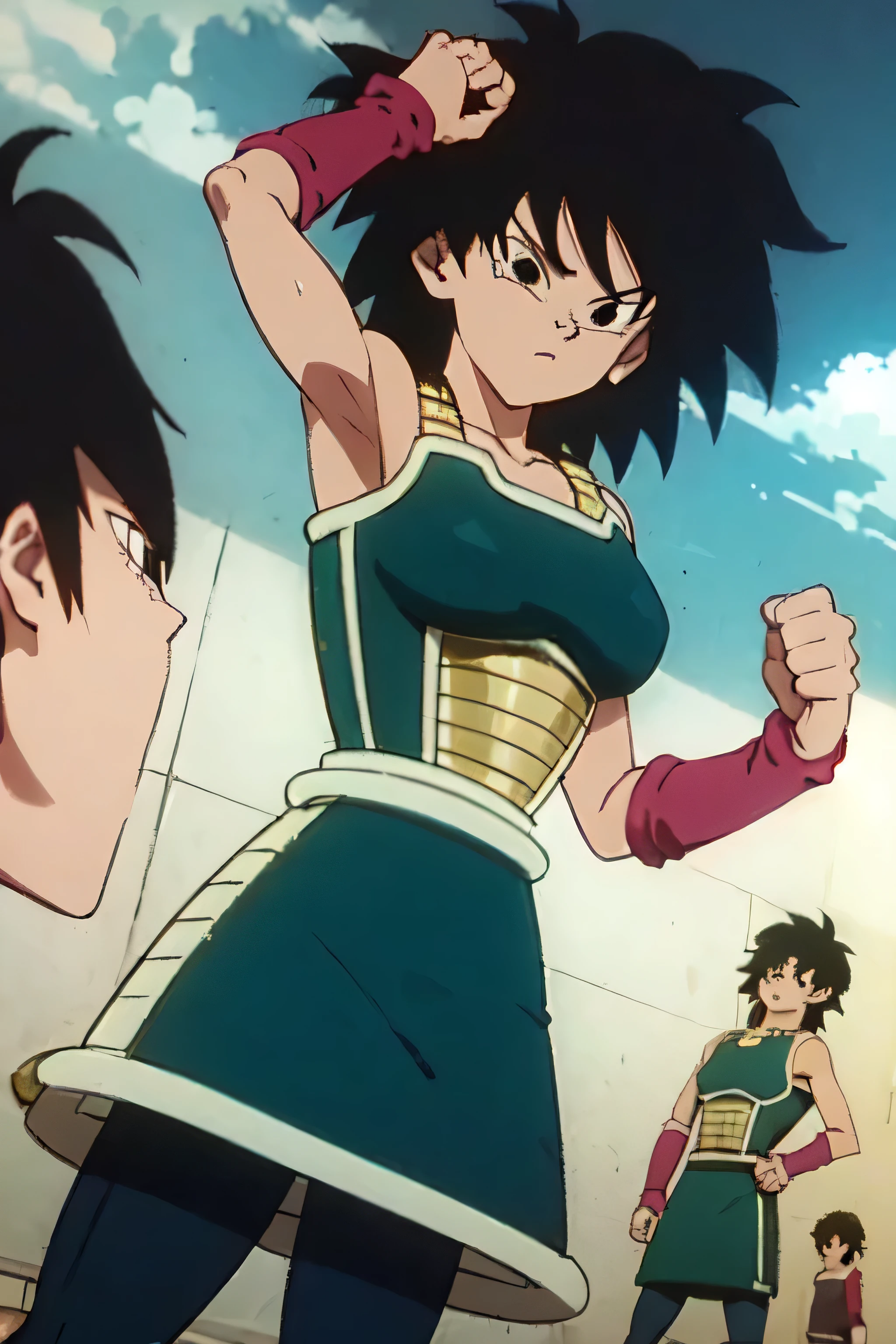 gine,short black hair, black eyes, bare shoulders,pink wristbands,breastplate, green saiyan armor,green skirt,pantyhose, looking serious, angry, fighting pose, village, blue sky, high quality, masterpiece mature appearance,armpits,sweat,sweaty,sweaty armpits,arms up,showing armpits,awesome armpits,outfit,blackish red arm warmers,maroon arm bands, maroon arm warmers,both arms raised