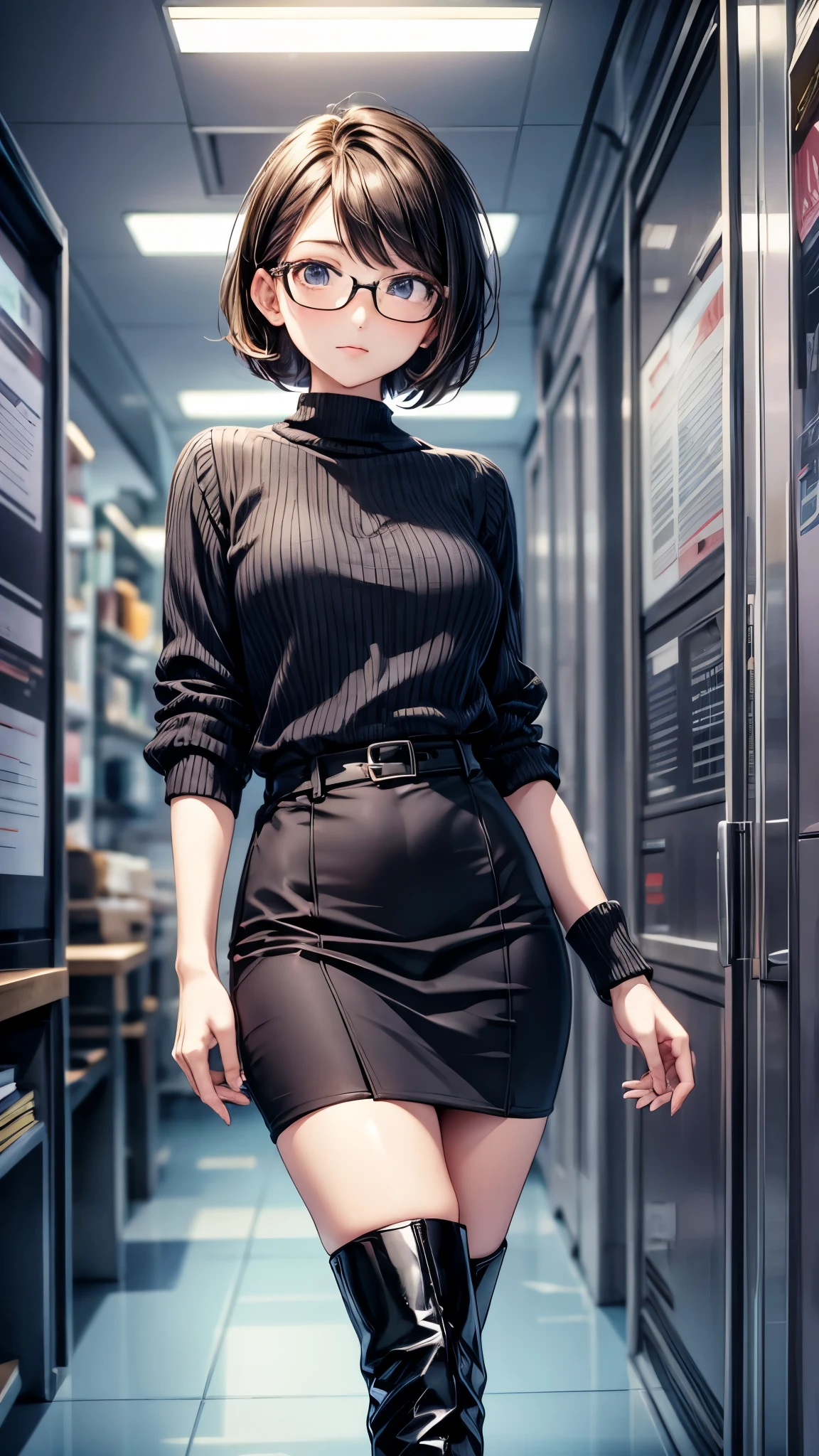 One 30 years old woman,very short hair,glasses,office casual style,suits,tight skirts,pantyhose,((knee high long boots)).