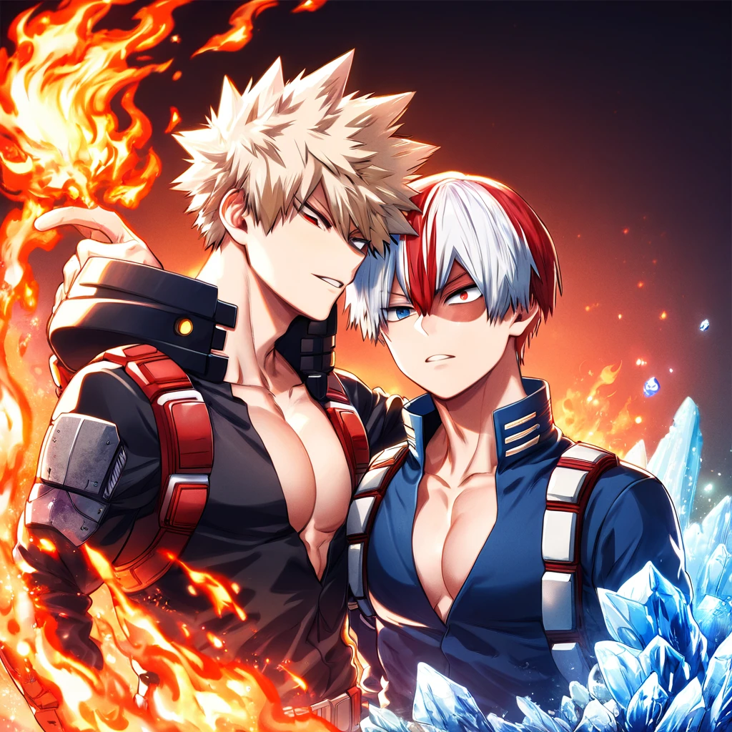 absurdres, highres, ultra detailed, HDR, master piece, best quality, Todoroki Shouto, bicolored hair, white hair right side, red hair left side, heterochromia, right eye gray, left eye blue, Boku no hero academia, Bakugo Katsuki, ash-blonde hair, expressive red eyes, two sexy men together, yaoi, gay couple, handsome, toned chest, black hero clothes, magical, fantasy, fire, ice