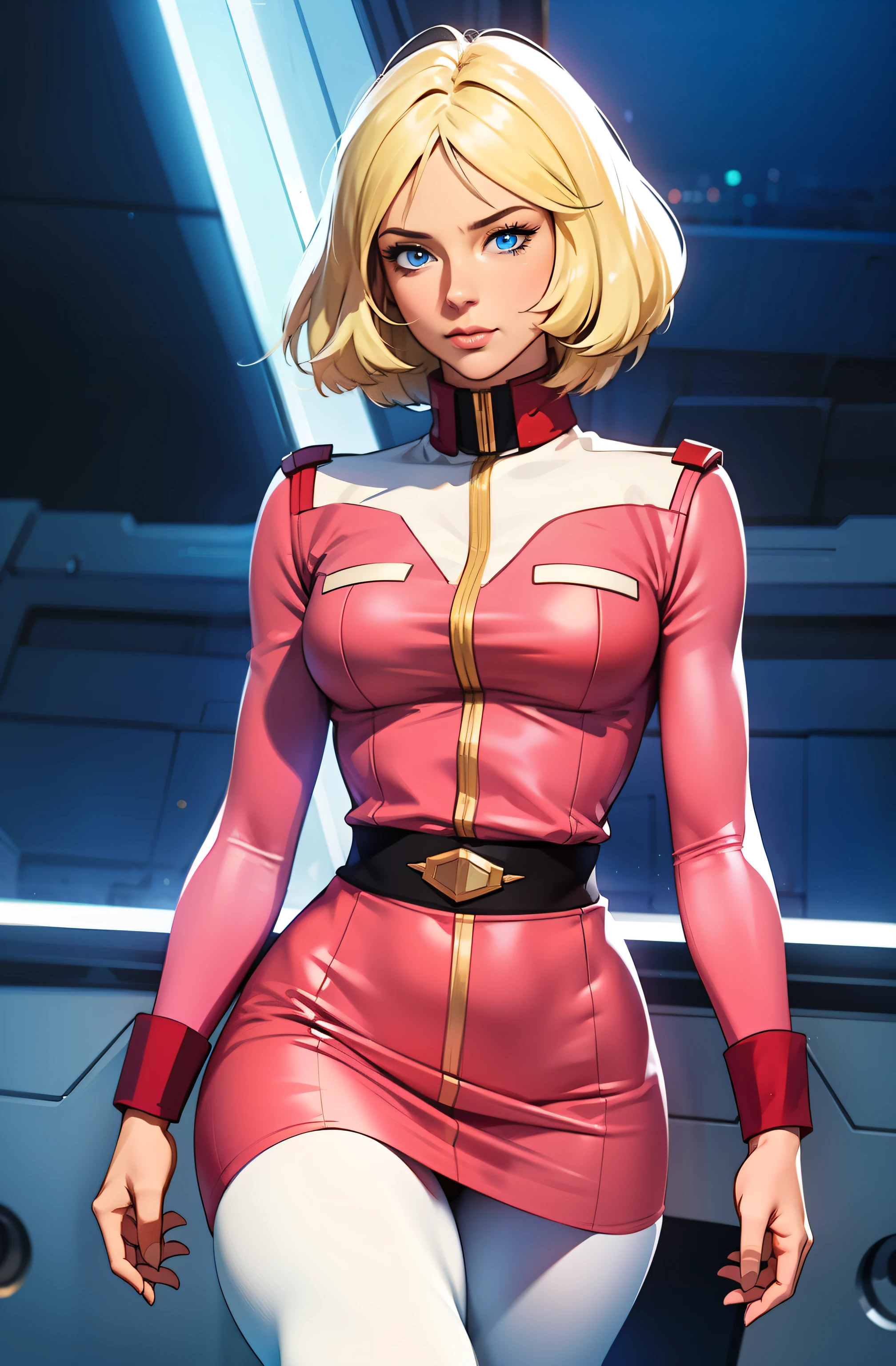 ((masterpiece)), ((cinematic lighting)), realistic photo、Real Images、Top image quality、1girl in, sayla mass, Elegant, masterpiece, Convoluted, slim arms, wide hips, thick thighs, thigh gaps, Best Quality, absurderes, high face detail, Perfect eyes, mature, Cowboy Shot, , Vibrant colors, soft pink uniform, soft pink Skirt, white tights