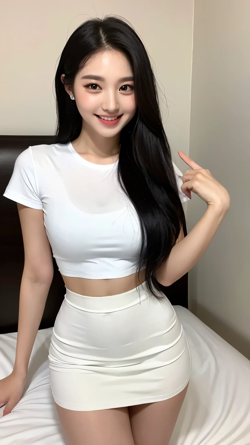 White tight shirt、White tight mini skirt、bed、smile、Short sleeve、high resolution、Korean idol face、double eyelid、White teeth、Medium Hair、Black Hair