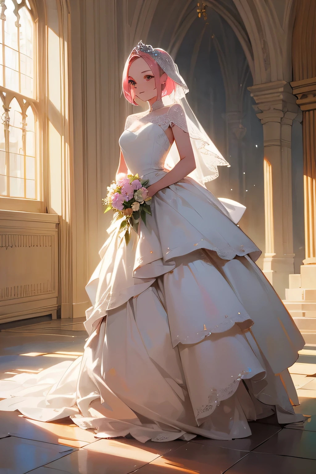 masterpiece, top quality, super detailed, high resolution, (ink painting style), excellent anatomy, 1 beautiful woman, ((alone)), bride, wearing a white wedding dress, queen, happy, ((show your forehead)), standing, entering the church, pink hair, short hair, delicate, young, detailed face, ((whole body)), (flowers around her), getting married, high quality face, beautiful, shine, best light, best shadow, mysterious, perfect face, highly detailed,