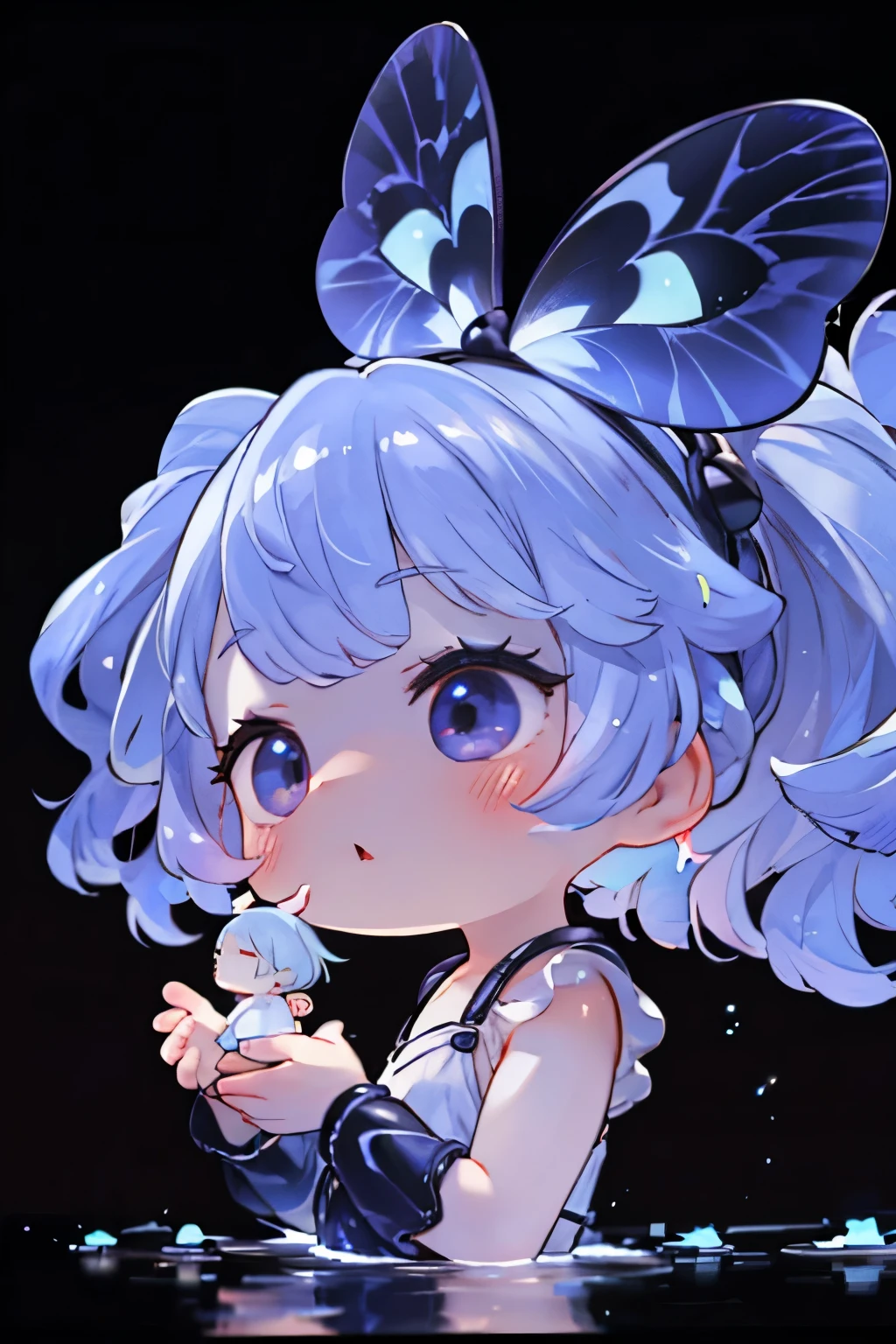 Photorealistic、Chibi Girl Doll(Enjoy the night view from the riverside、firefly、Bioluminescence)