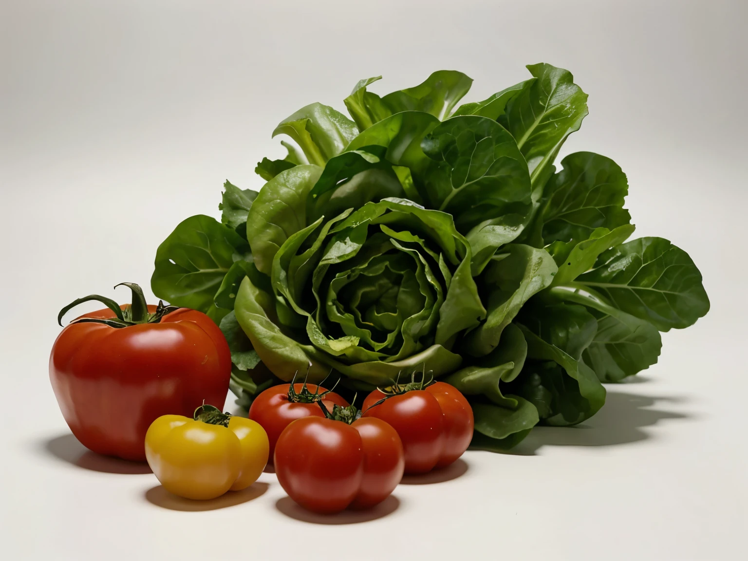 Simplified composition of fresh vegetables, such as tomatoes and peppers, with lettuce on a white background.