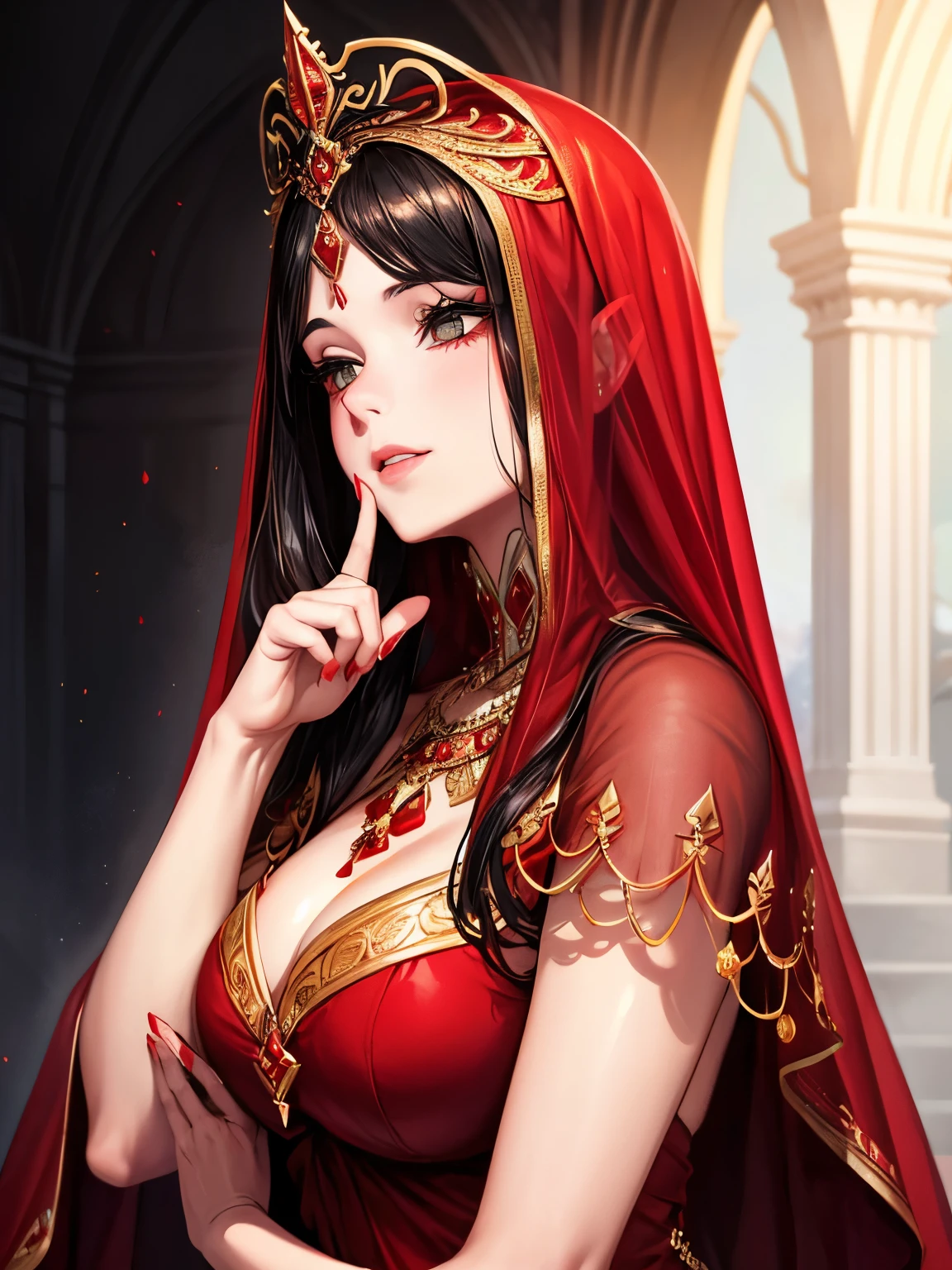 Uma mulher gordinha elegante, wearing a red veil covering her eyes, put your fingers on your lips, symbolizing silence. Suas unhas eram longas e pintadas de vermelho brilhante. The background is solid black 