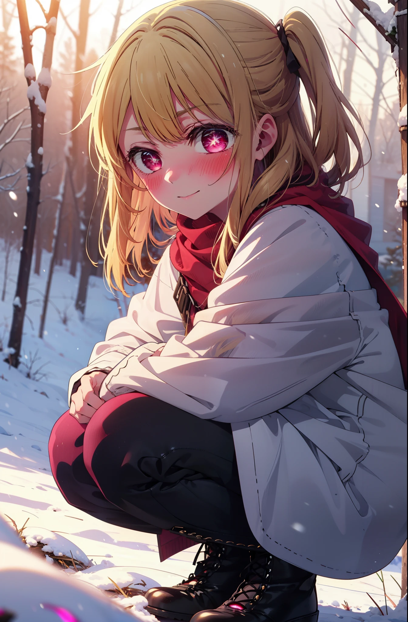 rubyhoshino, Hoshino Ruby, Long Hair, bangs, Blonde Hair, (Pink Eyes:1.3), Side Lock, (Symbol-shaped pupil:1.5), Multicolored Hair, Two-tone hair, smile,,smile,blush,White Breath,
Open your mouth,snow,Ground bonfire, Outdoor, boots, snowing, From the side, wood, suitcase, Cape, Blurred, , forest, White handbag, nature,  Squat, Mouth closed, Cape, winter, Written boundary depth, Black shoes, red Cape break looking at viewer, Upper Body, whole body, break Outdoor, forest, nature, break (masterpiece:1.2), highest quality, High resolution, unity 8k wallpaper, (shape:0.8), (Beautiful and beautiful eyes:1.6), Highly detailed face, Perfect lighting, Highly detailed CG, (Perfect hands, Perfect Anatomy),