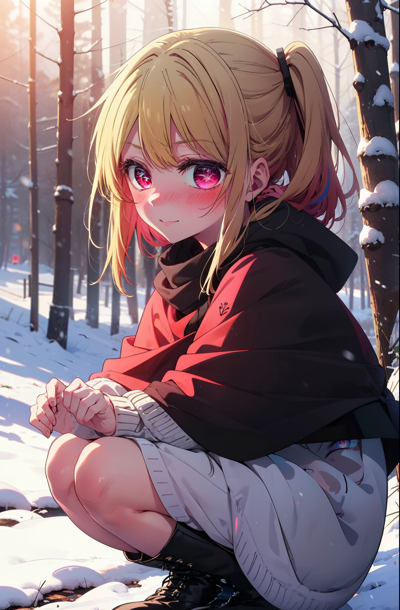 rubyhoshino, Hoshino Ruby, Long Hair, bangs, Blonde Hair, (Pink Eyes:1.3), Side Lock, (Symbol-shaped pupil:1.5), Multicolored Hair, Two-tone hair, smile,,smile,blush,White Breath,
Open your mouth,snow,Ground bonfire, Outdoor, boots, snowing, From the side, wood, suitcase, Cape, Blurred, , forest, White handbag, nature,  Squat, Mouth closed, Cape, winter, Written boundary depth, Black shoes, red Cape break looking at viewer, Upper Body, whole body, break Outdoor, forest, nature, break (masterpiece:1.2), highest quality, High resolution, unity 8k wallpaper, (shape:0.8), (Beautiful and beautiful eyes:1.6), Highly detailed face, Perfect lighting, Highly detailed CG, (Perfect hands, Perfect Anatomy),