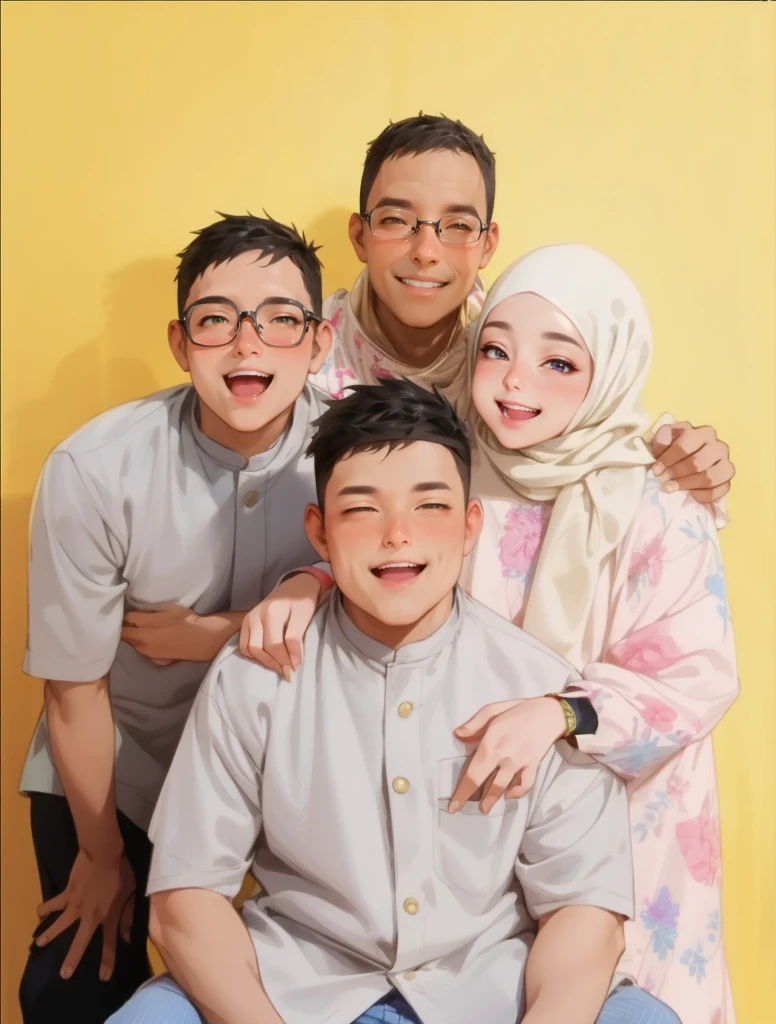 Realistic, best quality, instagram, 1 man, 1 woman with hijab, view to the camera, 2 boys, all smiling