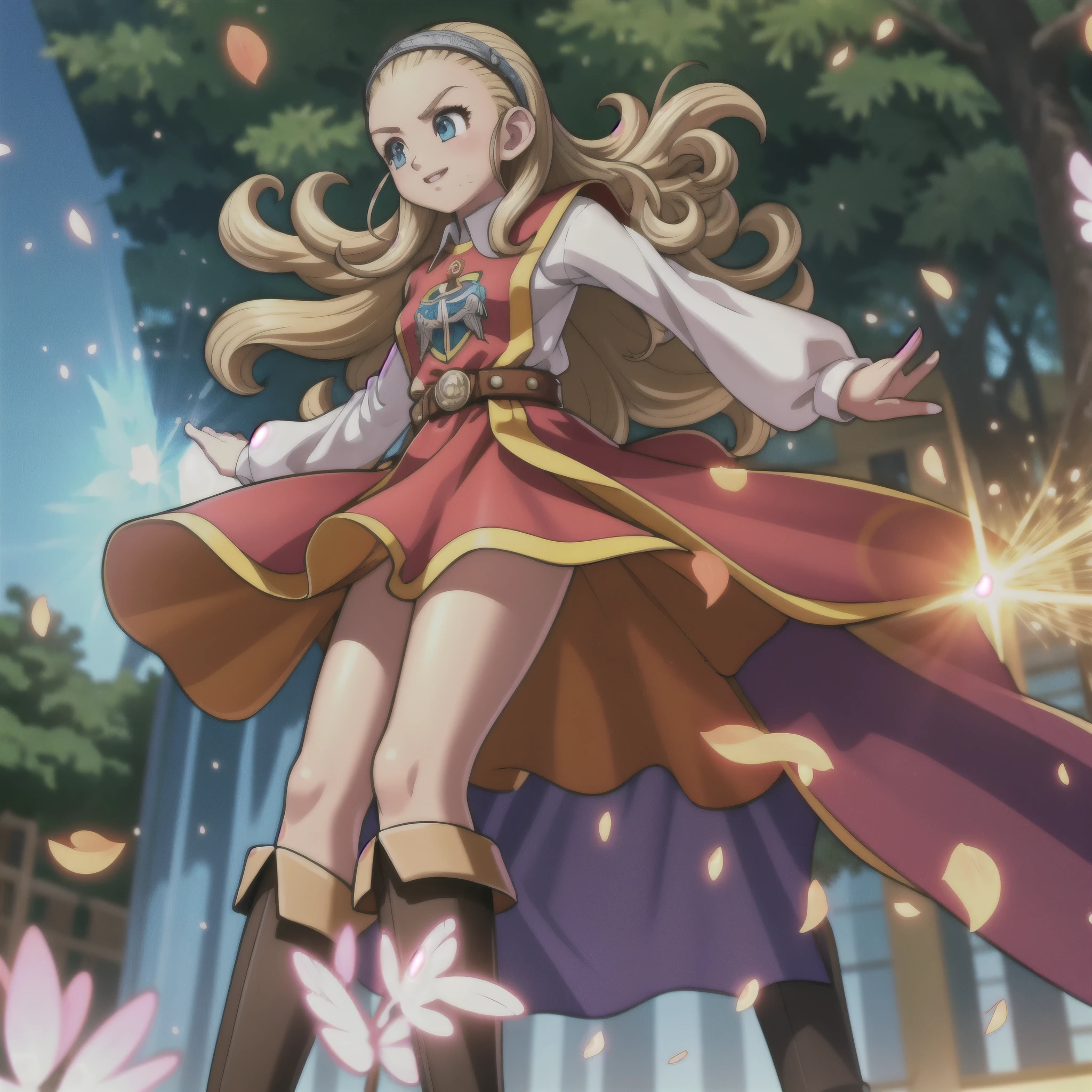 DQ10 Anchor, Long Hair, Curly Hair, Blonde Hair, blue eyes, amount, hair band, DQ10 Costumes, Red Cape, Long sleeve, Orange Skirt, boots, break (Small breasts), Ammar, beautiful, masterpiece, 8K resolution, Highly detailed face, One girl, beautiful girl, Adult Girl, 20-year-old, Eye highlights, avert your eyes, smile, Lips parted, blush, break (running:1.1), dynamic, Active movement, the wind is strong, Petals fluttering, break anime background, Outdoor, in the forest, garden, Gentle sunlight, ,Translucent skirt,Spread your legs,Angle from directly below,Take off skirt,Jacket only,Translucent slip,underwearの中に手を入れる,underwear見える, underwear, Look under the skirt,The camera is up her skirt, Crotch close-up