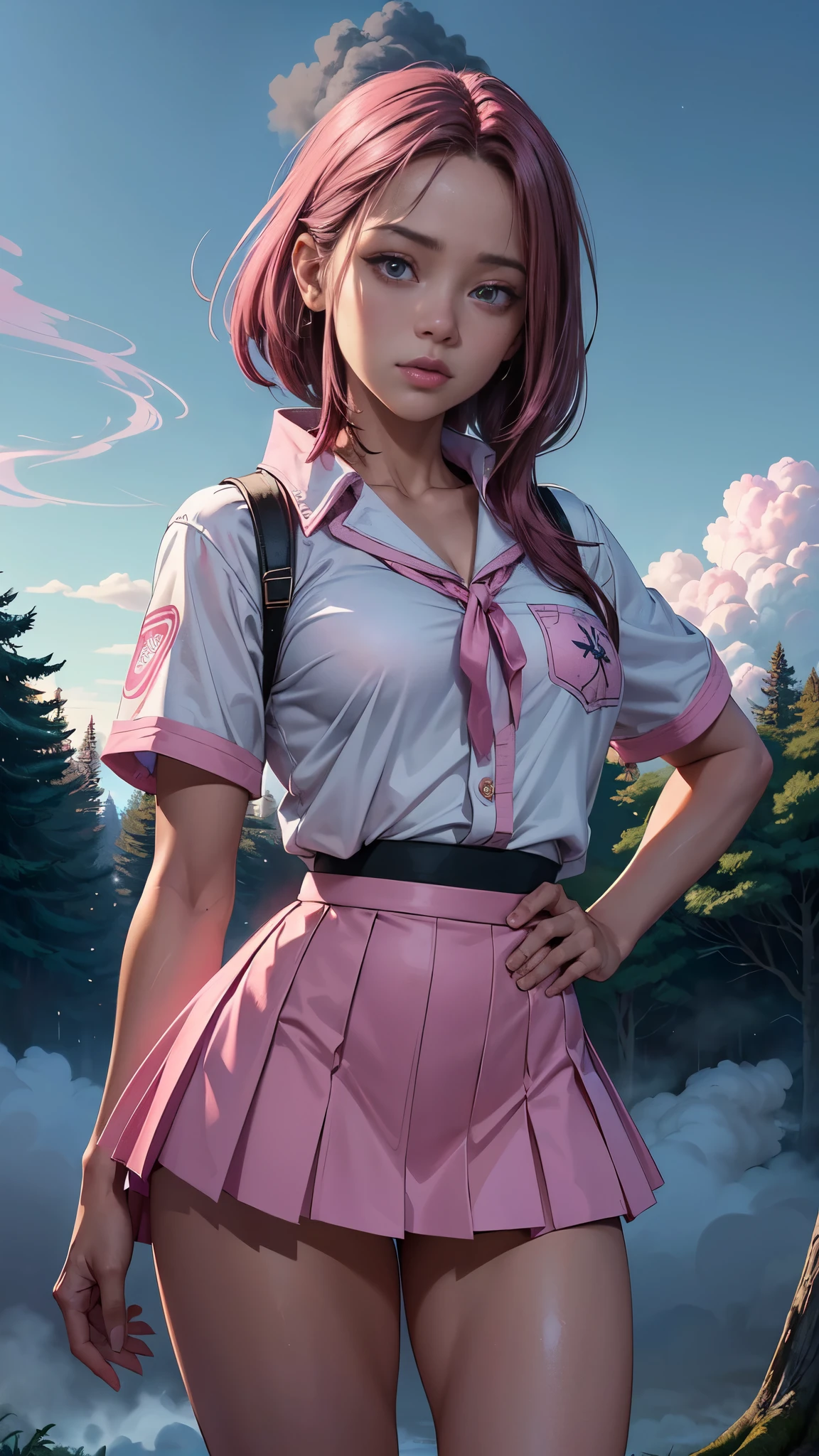 (La mejor calidad,A high resolution,Ultra - detallado,actual),Jenna Ortega (mini skirt pink :1.4), top camisa con corbata,(cabello corto cafe:1.4), mostrando vientre plano, medias white hasta el muslo,( hermosa colegiala student:1.4 ), ,(Fondo de ruinas de mazmorra en ruinas cyberpunk :1.4 ), nubes smoke pink, More detailed 8K.motor irreal:1.4,UHD,La mejor calidad:1.4, fotorrealista:1.4, textura de la piel:1.4, obra maestra:1.8,obra-prima, mejor calidad,objeto Objeto], (detailed face features:1.3),(Las proporciones correctas),(Ojos hermosos:1.4 ),  (pose vaquero),( Jenna Ortega :1.4),( Jenna Ortega V2.1), (clouds made of pink and smoke blue cotton :1.4), (perfect anatomy :1.4), ,( ciberpunk 2.1), (cinematic lighting :1.4), (manos perfectas: 1.5), (japan and south korea uniforms:1.4), (face detailed:1.4),( japan and south korea uniforms V2.1), (skirt lifted by itself: 1.1), (showing white panties: 1.3), (background a forest big trees dark :1.4), (large trees surrounded by smoke haze :1.4),(Miller&#39;s Girl film) 