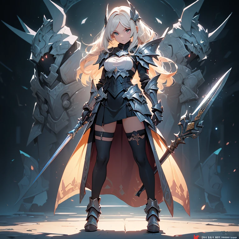 Design a layout showcase Gaming character, (1girl). Golden+Purle clothes, stylish and unique, ((showcase weapon:1.4)), magic staff, (masterpiece:1.2), (best quality), 4k, ultra-detailed, (Step by step design, layout art:1.5), (luminous lighting, atmospheric lighting), magican, ((glove full hands)), (((revealing clothes:1.3))), vambraces, armored legwear, (((full_body_shot:1.4)))