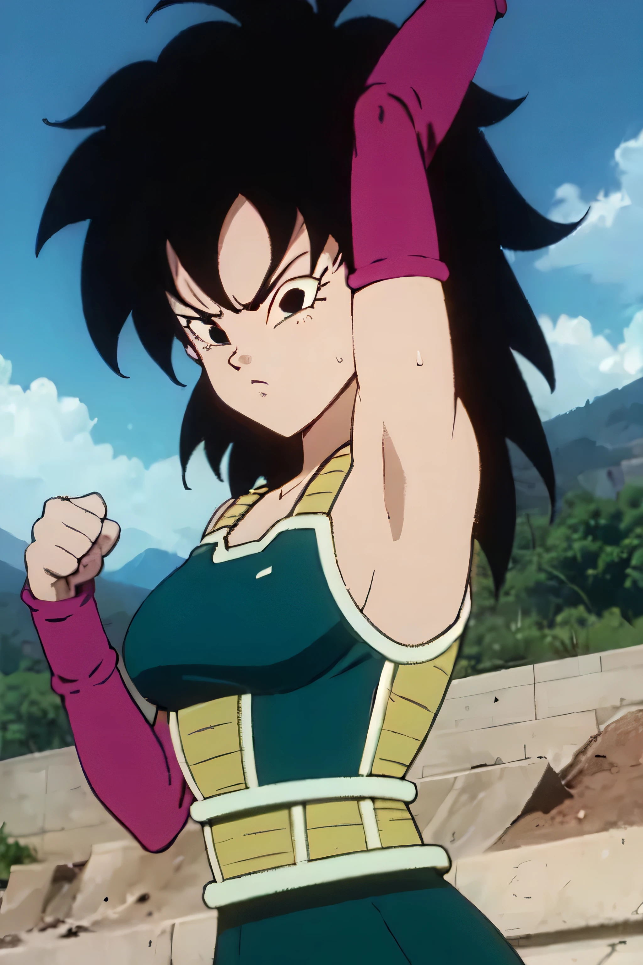 gine,short black hair, black eyes, bare shoulders,pink wristbands,breastplate, green saiyan armor,green skirt,pantyhose, looking serious, angry, fighting pose, village, blue sky, high quality, masterpiece mature appearance,armpits,sweat,sweaty,sweaty armpits,arms up,showing armpits,awesome armpits,outfit,blackish red arm warmers,maroon arm bands, maroon arm warmers,both arms raised