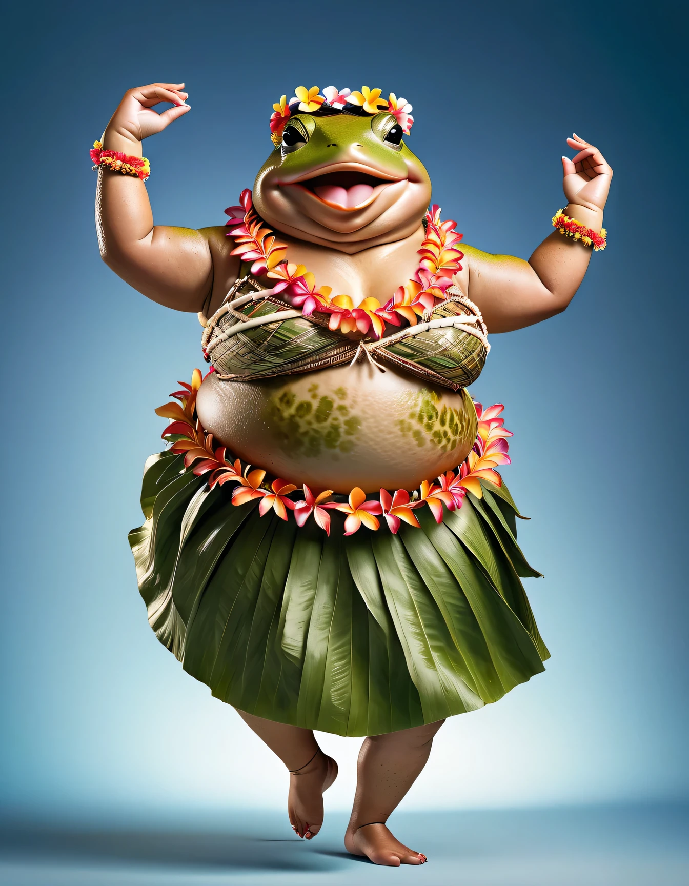 photorealistic portrait of Dressed animals - a ((fat)) toad hula dancer,(hula dancing:2.0), (swinging arms to the side :2.0),(happy smile:1.2),high quality,(happy),(lovely) ,intricate details, [natural toad skin texture], highly detailed ((female hula dance costume)) ,highly detailed decorations, wearing (bikini) aloha shirts and flower lei , (happy), studio lighting,(full body image:1.5),simple background,(viewed from side:2.0),(perfect hands)