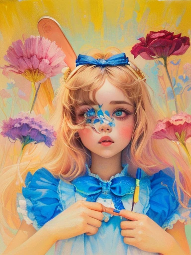 painting of a girl with a blue dress and a blue bow holding a toothbrush, portrait of alice in wonderland, inspired by Mark Ryden, alice, inspired by Alice Prin, by Caroline Chariot-Dayez, inspired by Margaret Keane, pop surrealism lowbrow art style, alice in wonderland syndrome, inspired by Alice Rahon, inspired by Alice Mason, lowbrow pop surrealism
