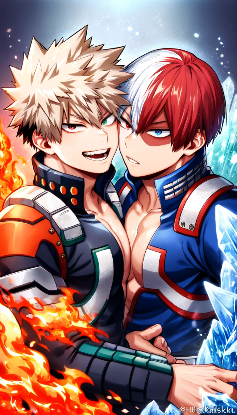 absurdres, highres, ultra detailed, HDR, master piece, best quality, Todoroki Shouto, bicolored hair, white hair right side, red hair left side, heterochromia, right eye gray, left eye blue, Boku no hero academia, Bakugo Katsuki, ash-blonde hair, expressive red eyes, two sexy men together, yaoi, gay couple, handsome, toned chest, black hero clothes, magical, fantasy, fire, ice