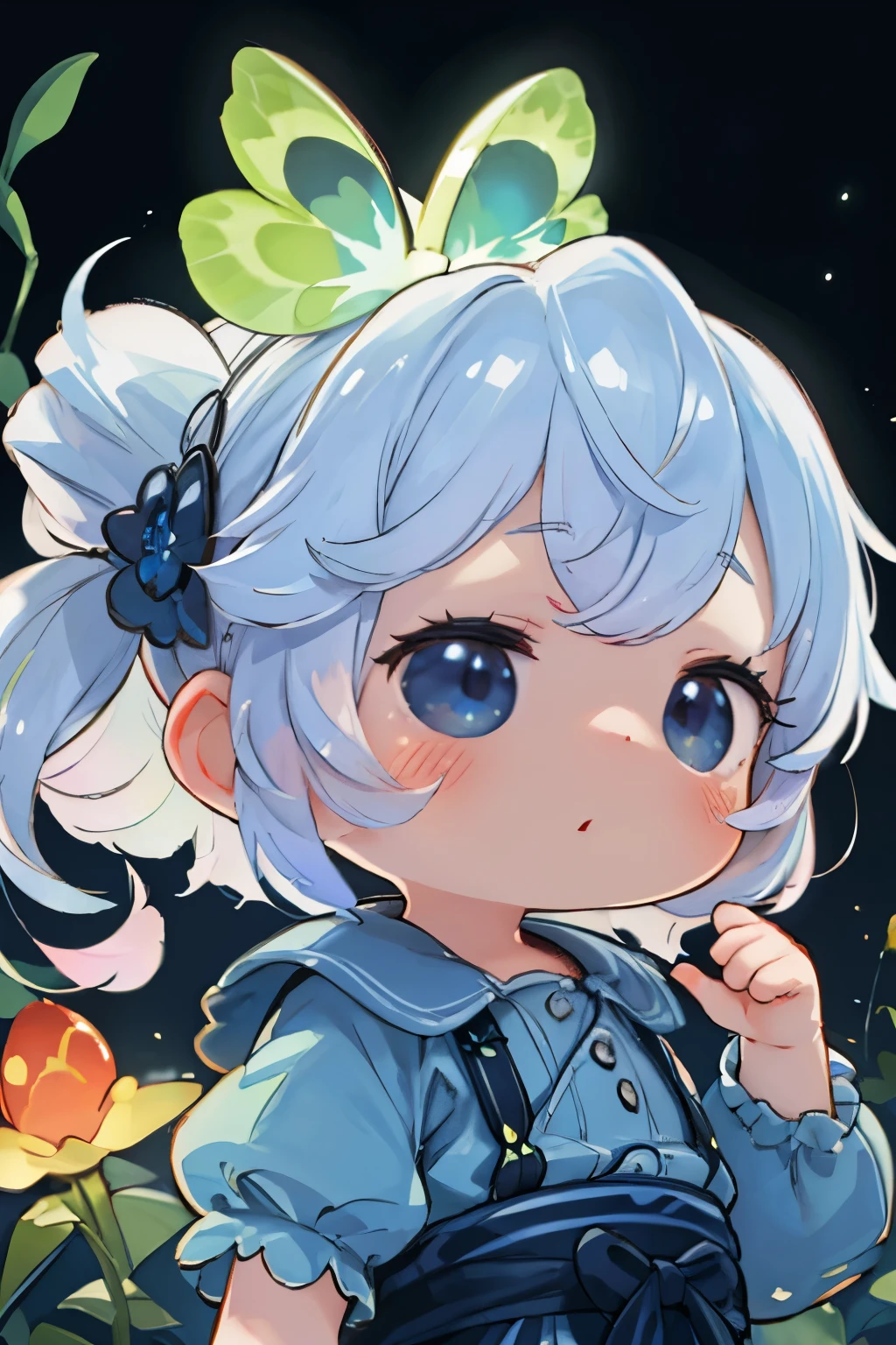 Photorealistic、Chibi Girl Doll（Enjoy the night view from the riverside、firefly、Bioluminescence）