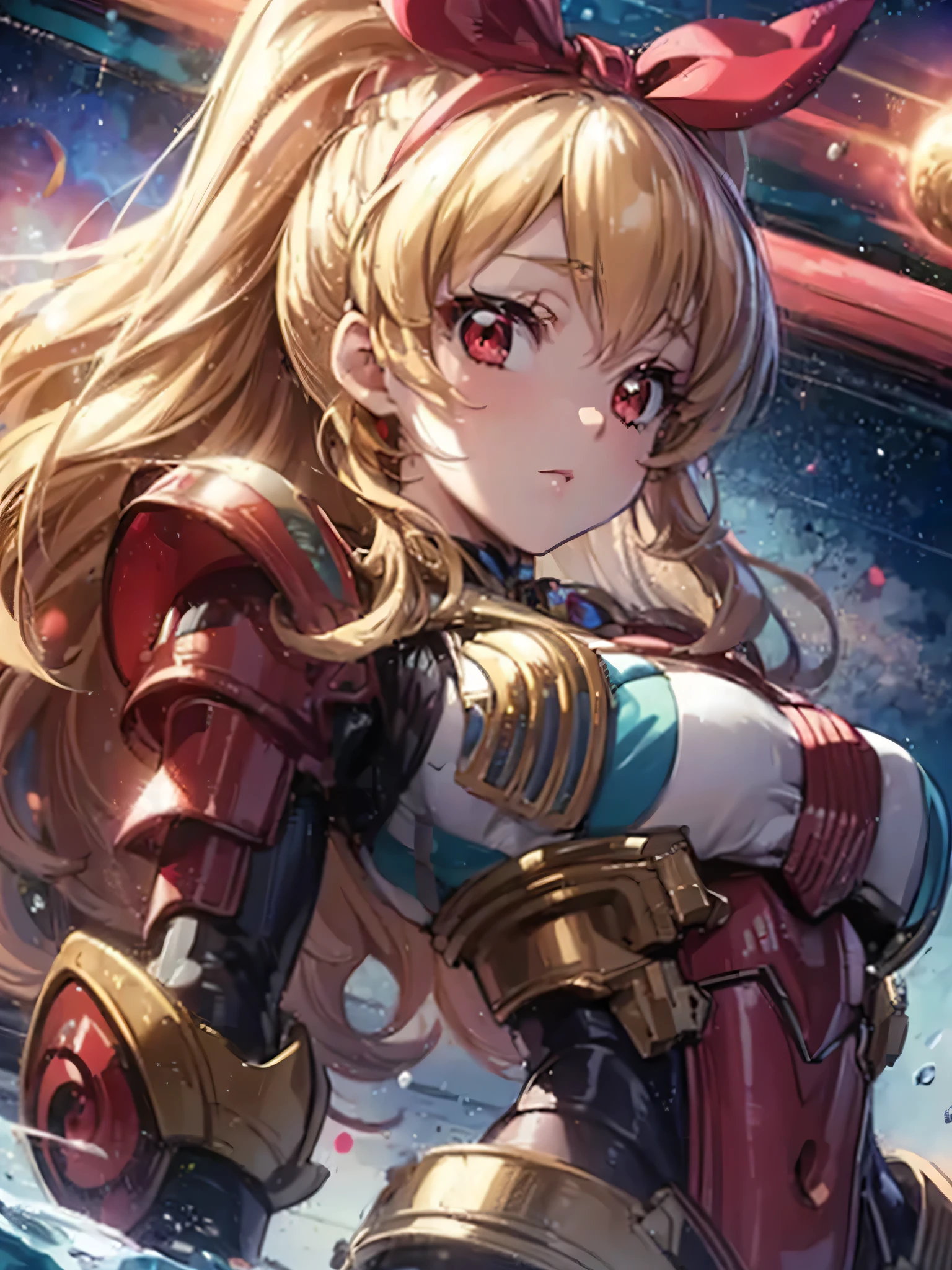 best quality, ultra detailed 8k cg render, masterpiece, high resolution, extremely detailed,
voluptuous beauty mecha girl,
super breasts,
, blonde hair, RED eyes,
gold White mix color mecha armor,
RED hair bund,
universe,outer space,
Venus planet,
bubble image,
persona face,Ichigo Hoshimiya (Aikatsu!)
