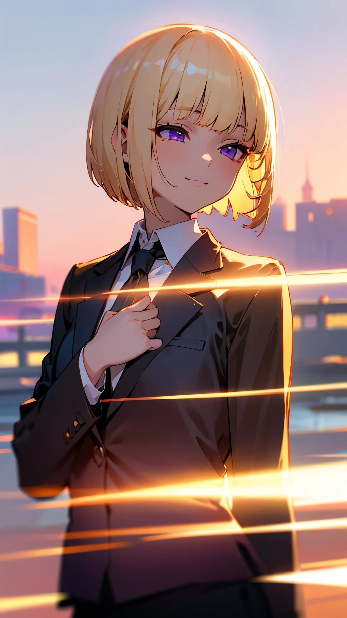 1 girl、8k、Sharp focus、(Bokeh) (highest quality) (Detailed skin:1.3) (Intricate details) (anime)、(blonde)、short hair、Bobcut、Blunt bangs、Beautiful purple eyes、Slender body、From the side、Upper body close-up、White shirt、Black work trousers、Black Fitted Blazer、Calm face、Mouth closed、Cheeky Smile、Squint your eyes、Park in the background、sunset、Soft lighting.