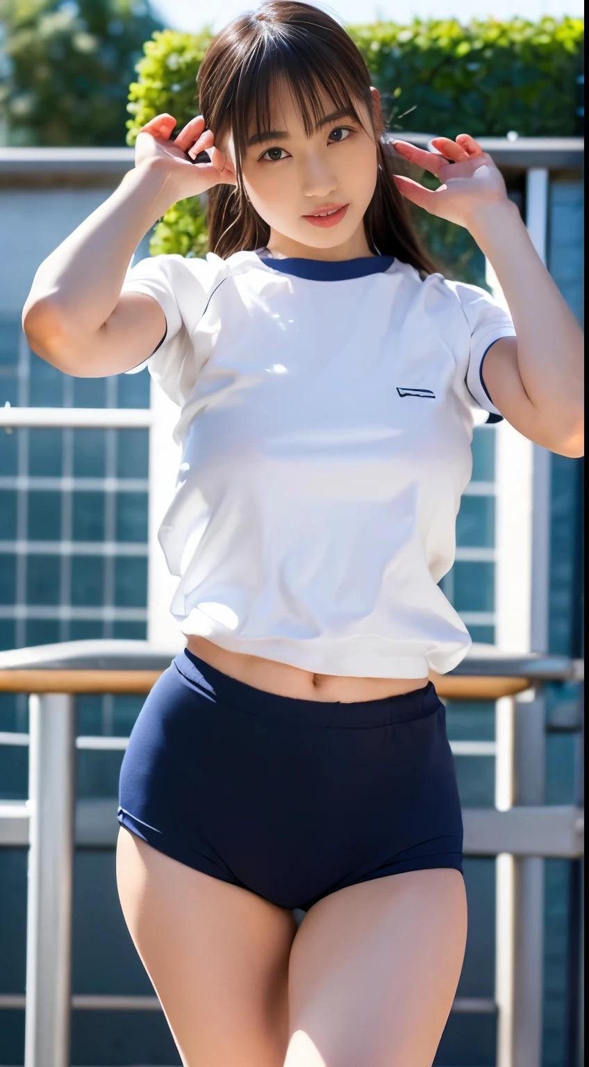 Head to knee portrait、alone、high school girl、White skin、Natural Makeup、Black Hair、bangs、Straight Long Hair、((School-designated gym clothes))、((White gym clothes on upper body、Long hem))、(((Very Tight Bloomers)))、((Low-rise bloomers))、((Navy Bloomer))、(((Tuck the bottom of your gym clothes into your bloomers)))、Big Breasts、No bra、Big ass、((The upper body is wearing gym clothes))、Looking into the camera、(((Schoolyard)))、((Realistic fingers))
