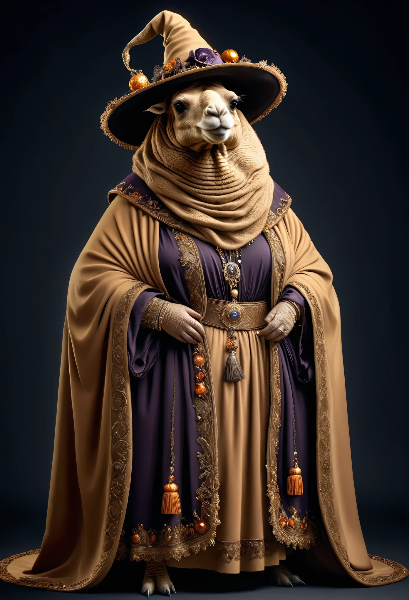 photorealistic portrait of Dressed animals - a ((fat)) camel witch,(elegant pose), high quality,(lovely) ,intricate details, highly detailed ((witch robe and hat)) ,,highly detailed decorations, , (creepy), studio lighting,(full body image:1.5)