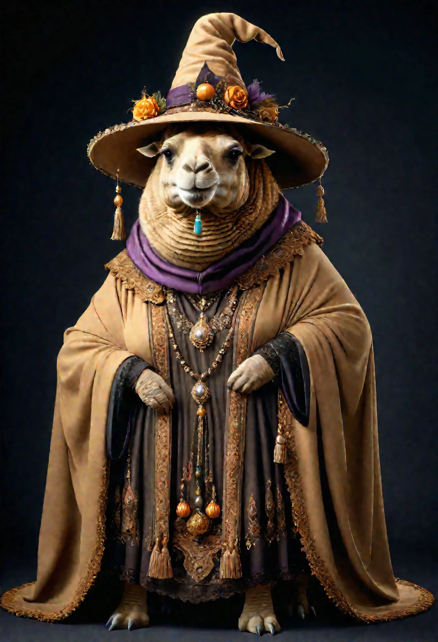 photorealistic portrait of Dressed animals - a ((fat)) camel witch,(elegant pose), high quality,(lovely) ,intricate details, highly detailed ((witch robe and hat)) ,,highly detailed decorations, , (creepy), studio lighting,(full body image:1.5)