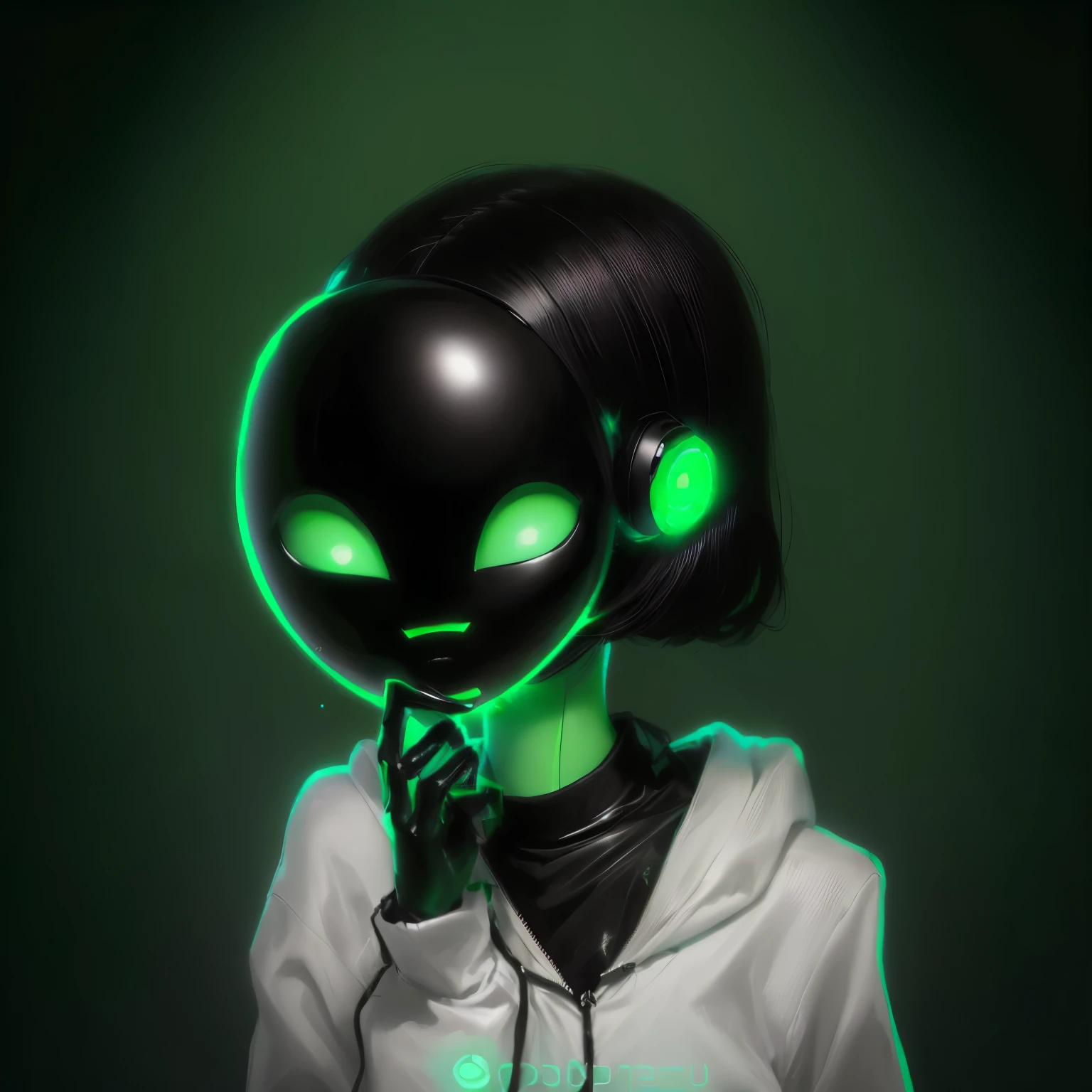 a cartoon alien girl with a green face and black hair, alien girl, with no face, no faces, no face, no face mask, alien like, drab, alien portrait, female alien, space alien, green face, portrait of an alien, alien looking, art alien, by Ei-Q, the mask covers her entire face, in an anime style