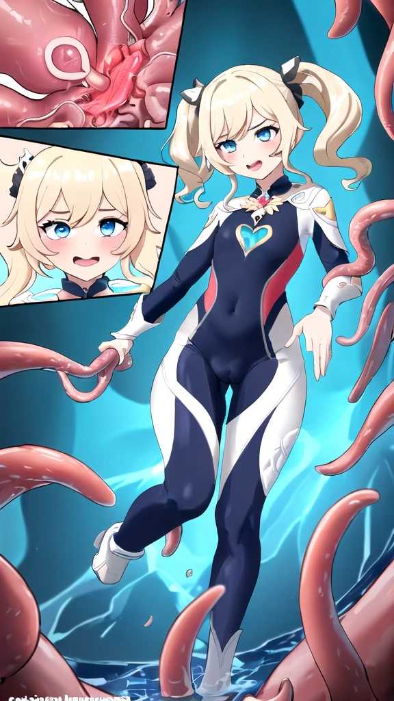 Barbara（Genshin Impact）,(height 57.9cm,B58.2cm,W45.9cm,H77.6c)、Modest chest,Blonde twin tails,Blue Eyes, ,high resolution,high quality,High resolution,（Anime Style）,Beautiful images,Clear images,（Cute Girls）,（1 girl）,whole body（from head to toe）、Transformation Heroine（White wetsuit-type reinforced skin）,（Ultra Girl）,（胸元で光るHeart-shaped brooch）,Heart-shaped brooch,（胸元のHeart-shaped broochに触手が侵入する）,（The energy core inside the body is violated by tentacles）Attacked by tentacles,Being held captive by tentacles,（Heart-shaped broochから光の粒子が漏れ出ている,Heart-shaped broochから光の液体が流れ出している）,（Tentacles are sucking on the crotch）,（Love juice is flowing from between her legs）,（Heart-shaped broochが赤く点滅している）,Have a naughty face,It feels good and I&#39;m in agony,Vulgar in a naughty sense,Ecstasy,Profanity, steam（mist）,Wet,Sweat,Climax,Eyes closed,Watery eye,Mouth open,