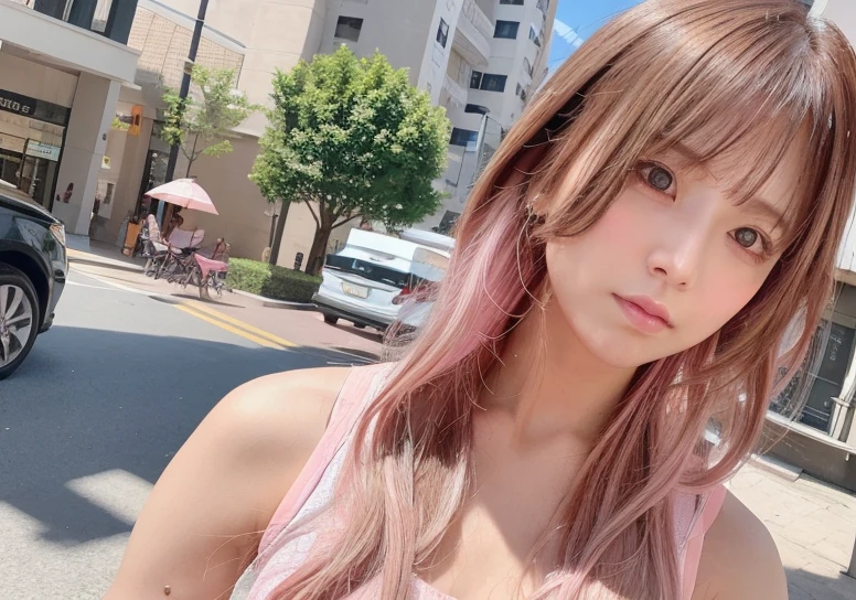 hair color: pink　model　woman　Long Hair　Sleeveless　pink clothes　diagonal　Selfie　diagonal上　Selfie　summer　