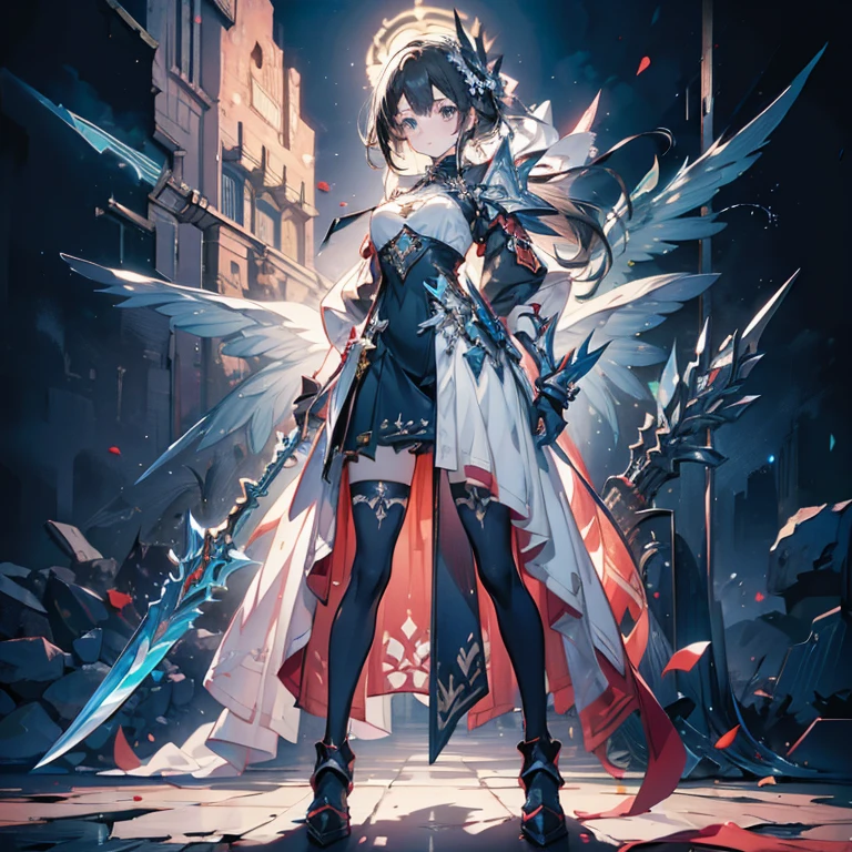 Design a layout showcase Gaming character, (1girl). Golden+Purle clothes, stylish and unique, ((showcase weapon:1.4)), magic staff, (masterpiece:1.2), (best quality), 4k, ultra-detailed, (Step by step design, layout art:1.5), (luminous lighting, atmospheric lighting), magican, ((glove full hands)), (((revealing clothes:1.3))), vambraces, armored legwear, (((full_body_shot:1.4)))