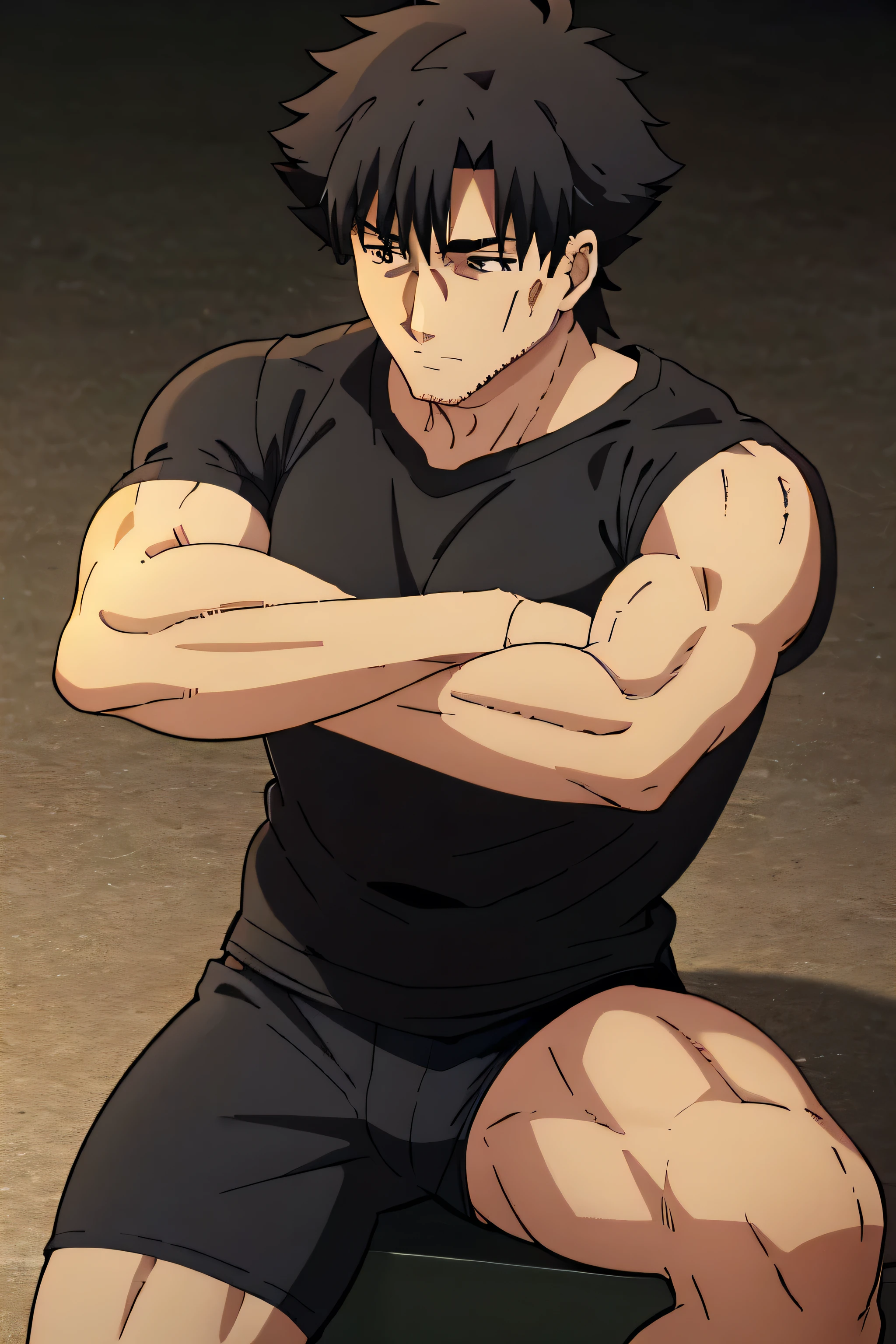 Kiritsugu is sitting and flexing his biceps and abs. He wears black short boxershorts. You can see his thighs. He is admiring his muscles. He has bulging veins on his arms. He wears a black tshirt with short sleeves. His right sleeve is completely rolled up so you can see his entire arm and shoulder. He is showing his abs too.